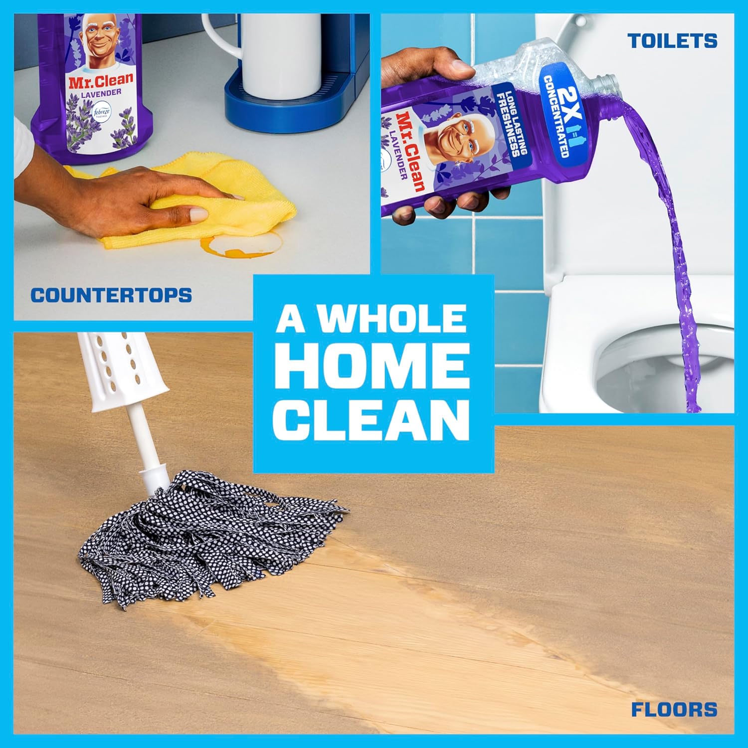 Bottle of Mr Clean all purpose cleaner to keep the whole house clean including countertops, floors and toilets. 