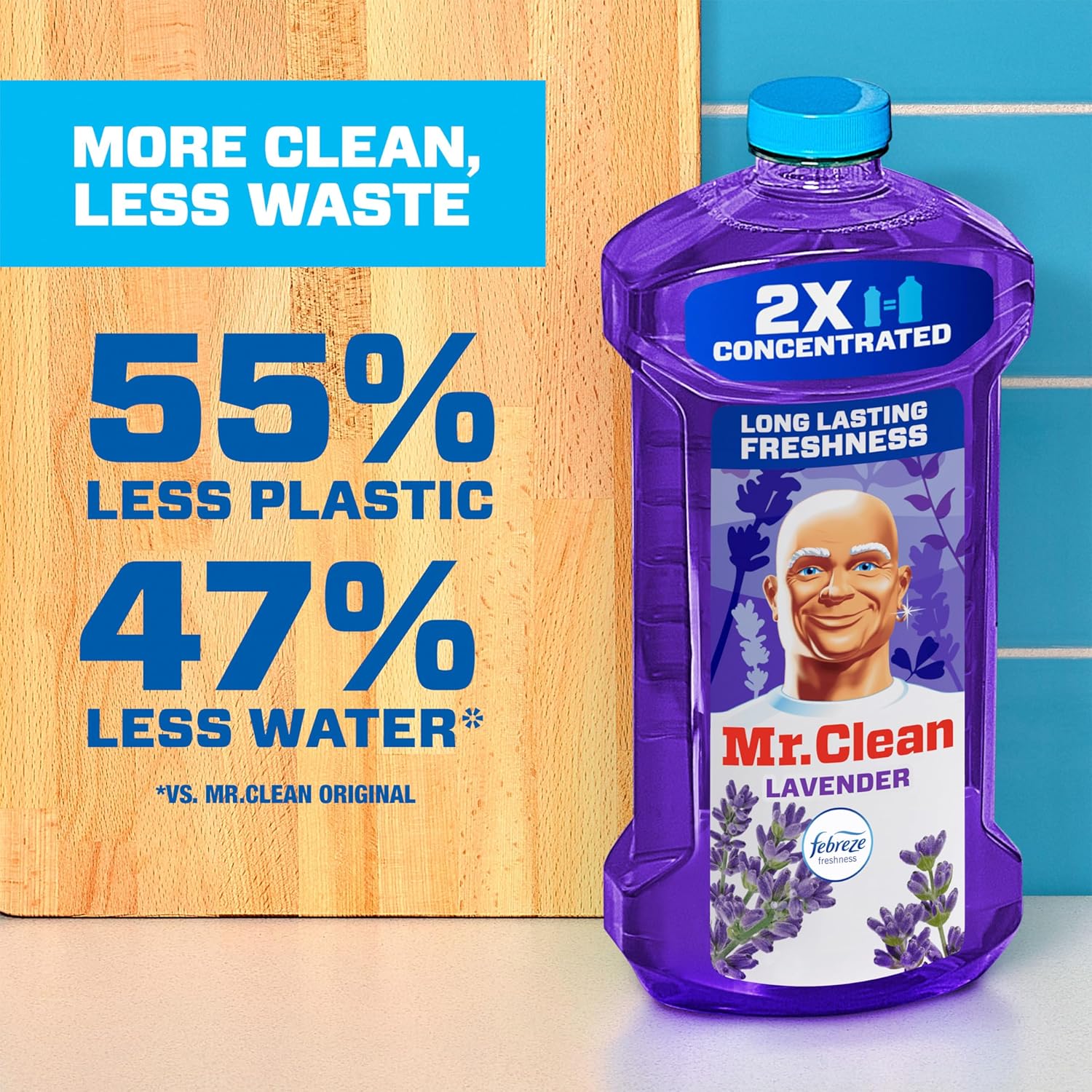 Liquid bottle of Mr Clean lavender scent all purpose cleaner for more clean with less plastic and water waste. 