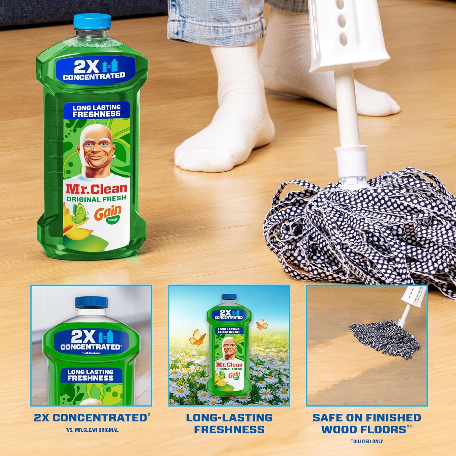 Mr clean original fresh multi surface cleaner is 2x concentrated, long lasting freshness and safe on on finished wood floors. 