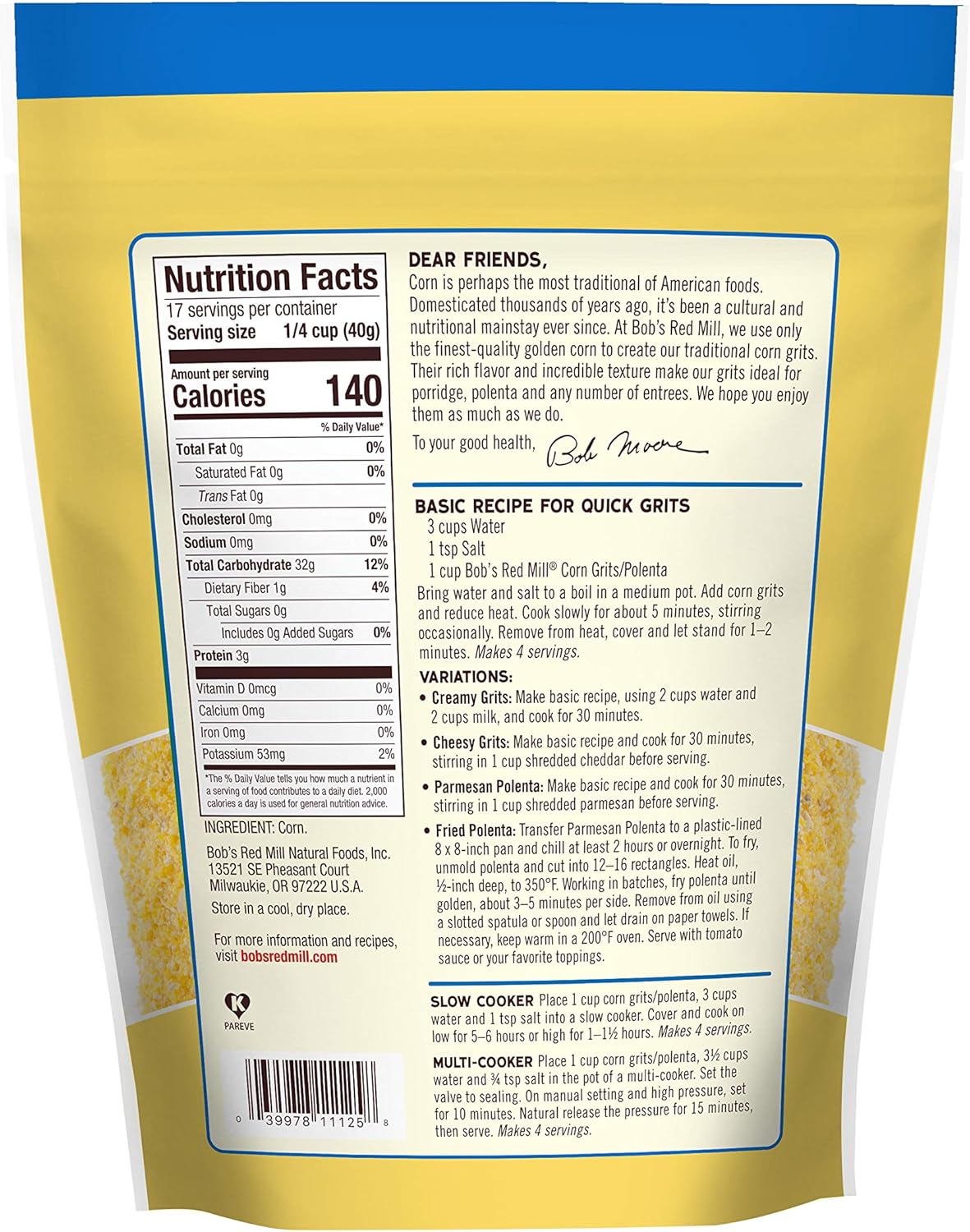 Bob's Red Mill Yellow Corn Grits Polenta | 24 Oz (680 g)