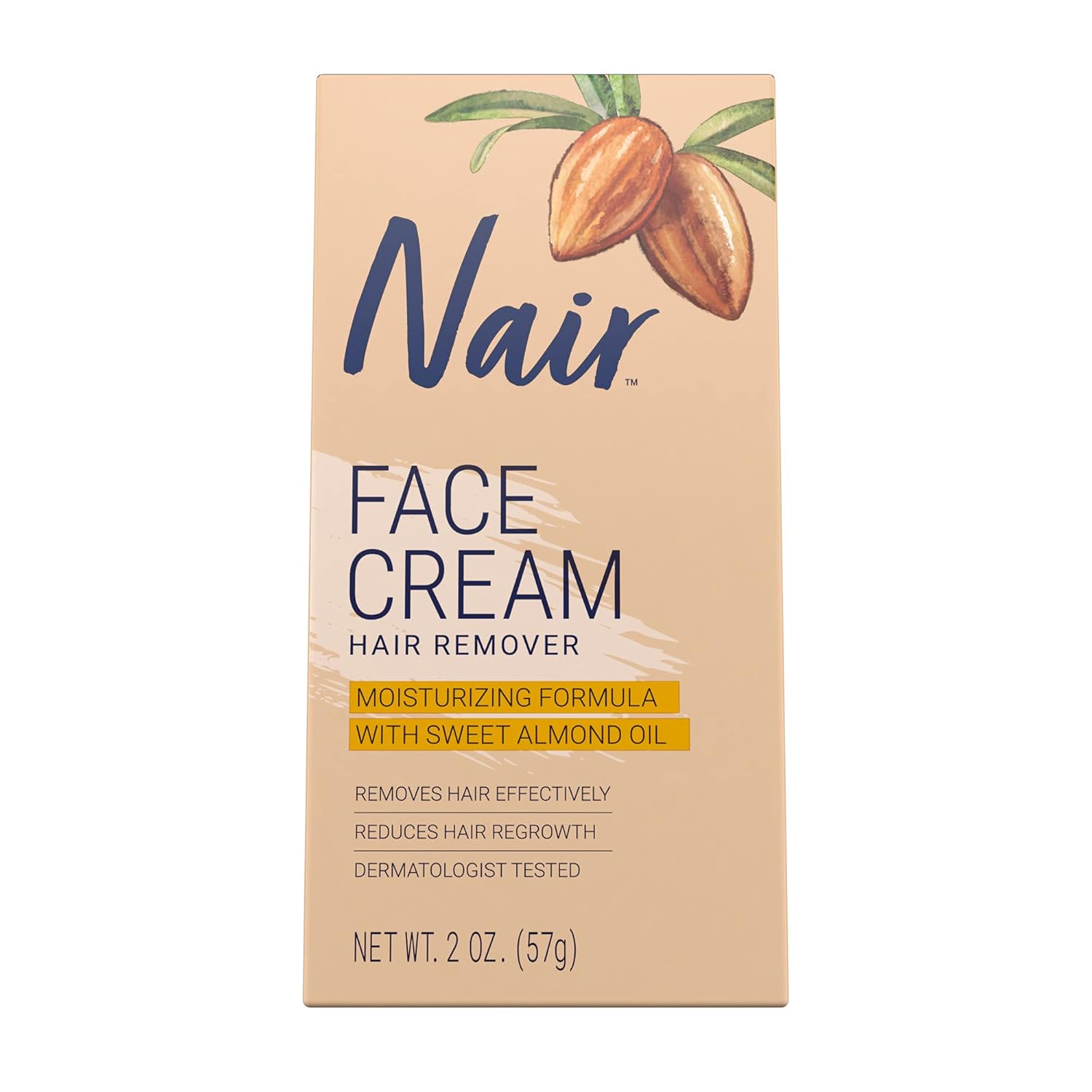 Packaging of Nair face cream hair remover moisturizing formula with sweet almond oil to remove hair and reduce hair regrowth - dermatologist tested. 
