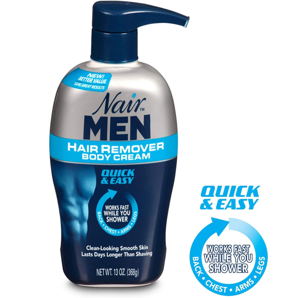 Nair men hair remover body cream bottle for quick and easy hair removal on back, chest, arms and legs. 