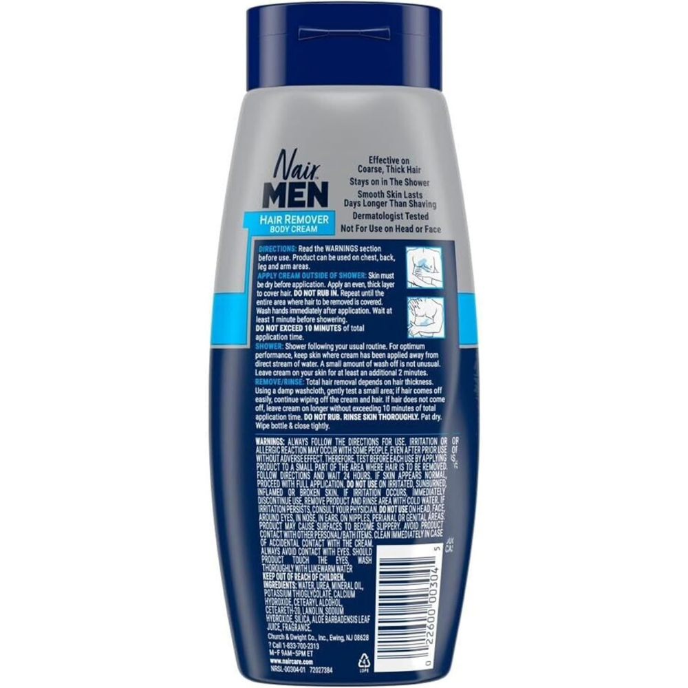 Back view of Nair mens hair remover body cream - effective on coarse thick hair. 