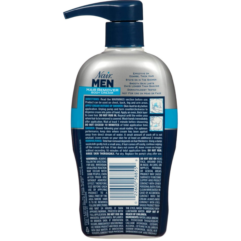 Nair Men hair remover bottle with pump on  instructions and ingredients for effective coarse hair removal