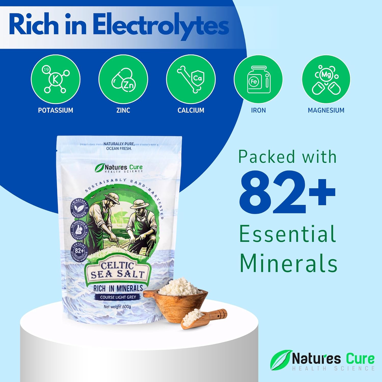 Natures Cure Celtic sea salt – 100%  natural unrefined organic Celtic sea salt, rich in electrolytes, potassium, zinc, calcium, iron and magnesium. 