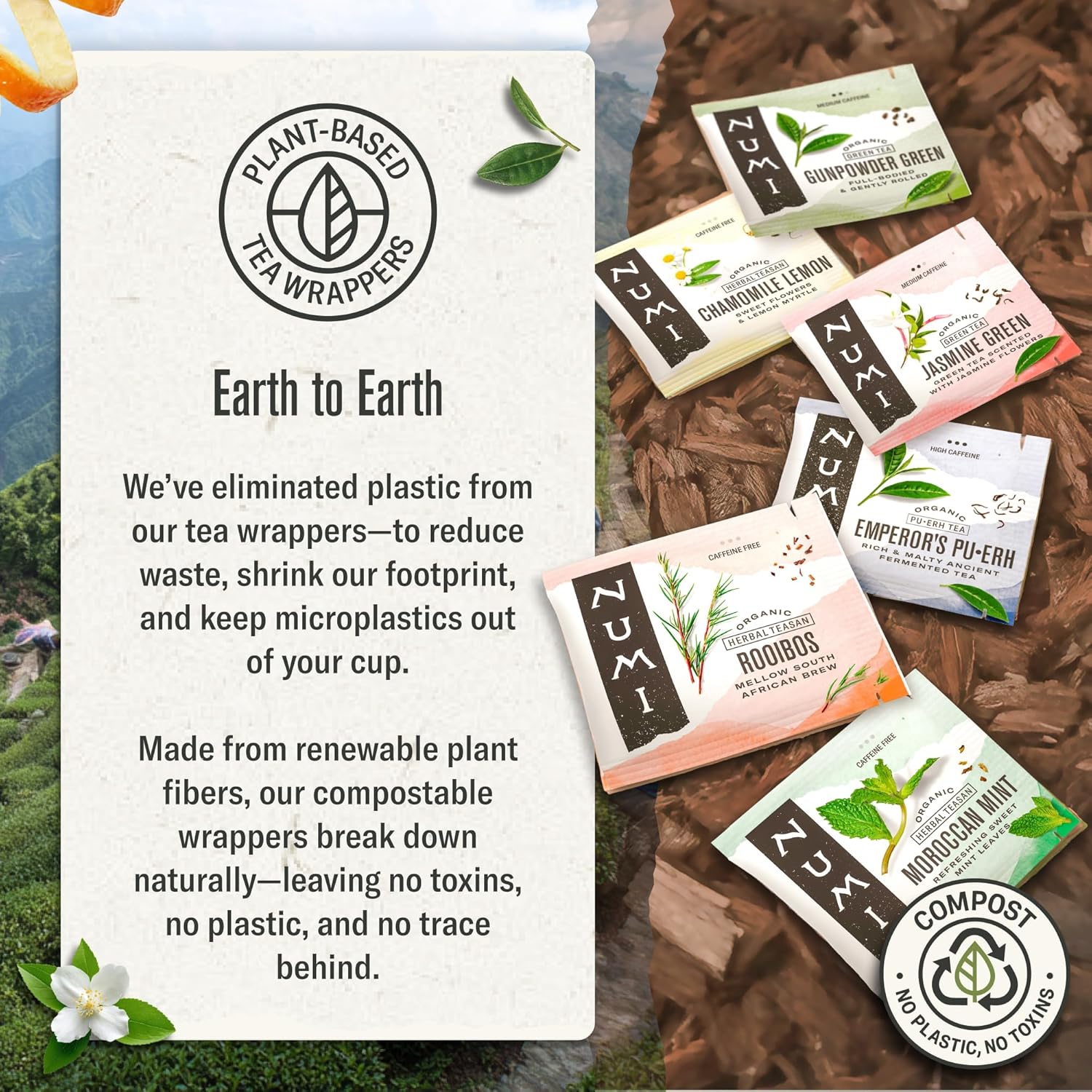 Numi tea packages with compostable tea wrappers made from renewable plant fibers
