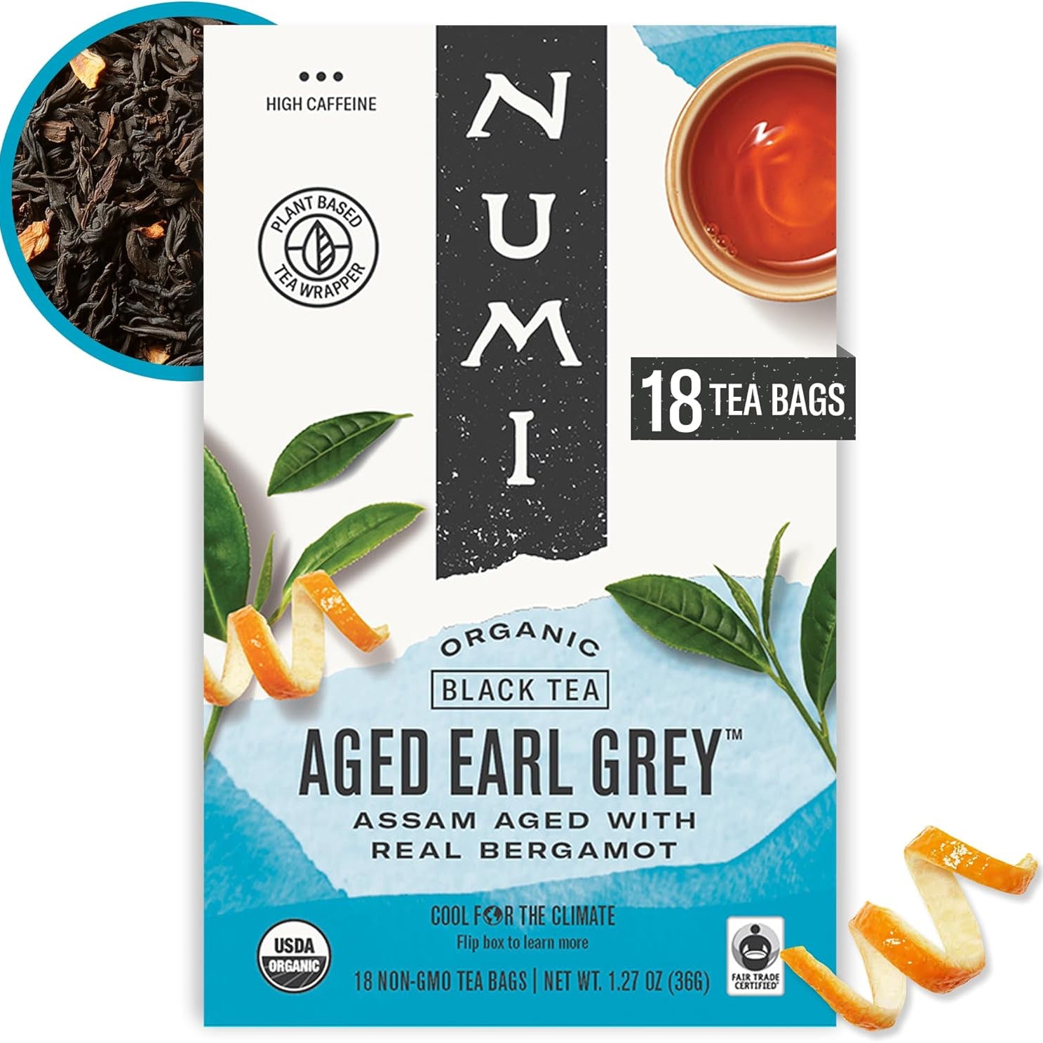 Numi Aged Earl Grey tea - Assam aged with real bergamot - plant based tea wrapper, high in caffeine