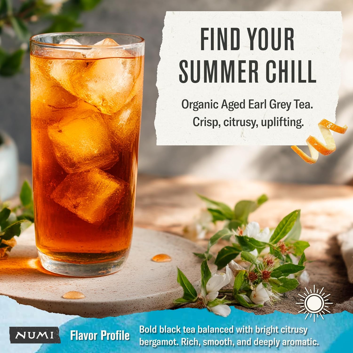 Find your simmer chill with Numi organic aged ear grey tea - bold black tea balanced with bright citrusy bergamot. 