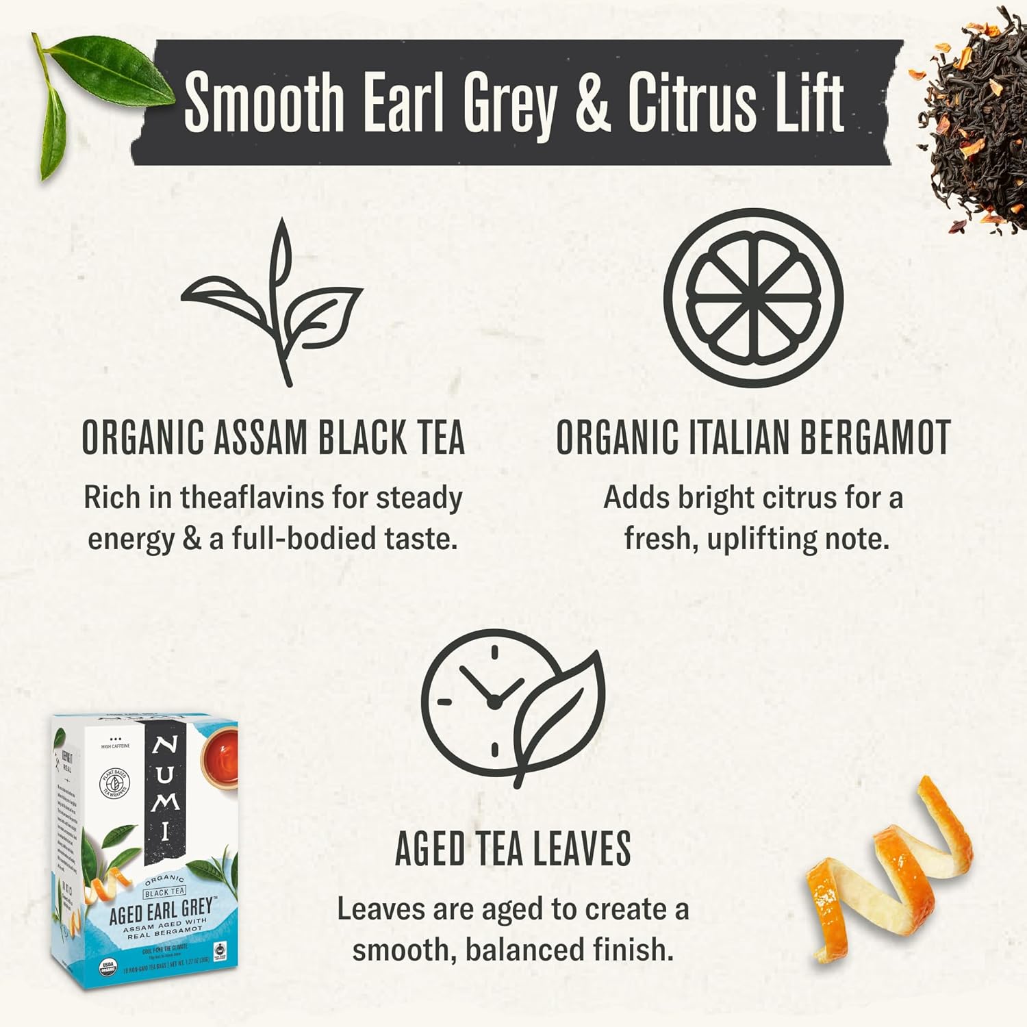 Numi aged earl grey with organic Italian bergamot, organic Assam black tea and aged tea leaves