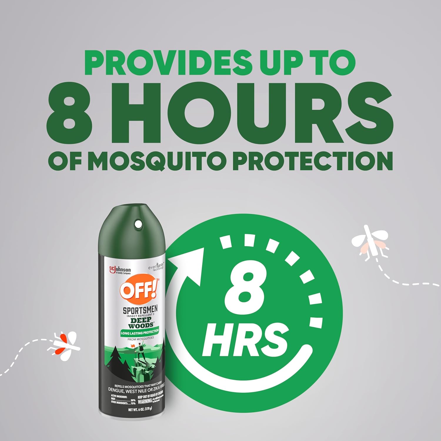 Off! sportsmen Deep Woods insect repellent provides up to 8 hours of mosquito protection. 