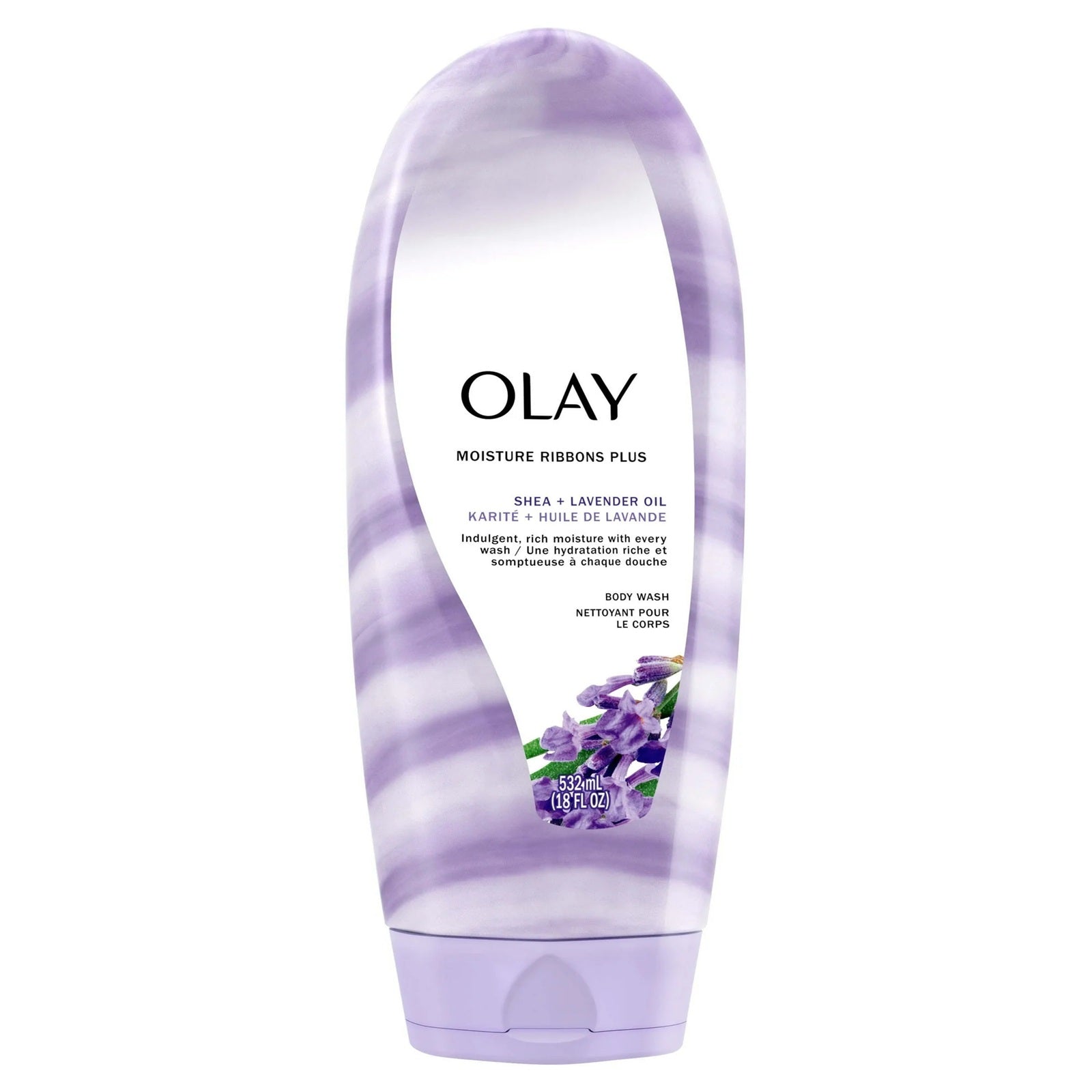 Olay moisture ribbons plus body wash with shea + lavender oil, indulgent, rich moisture with every wash 