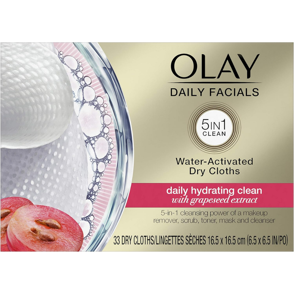 Olay daily facial cloths for 5-in-1 face cleansing and makeup remover. 