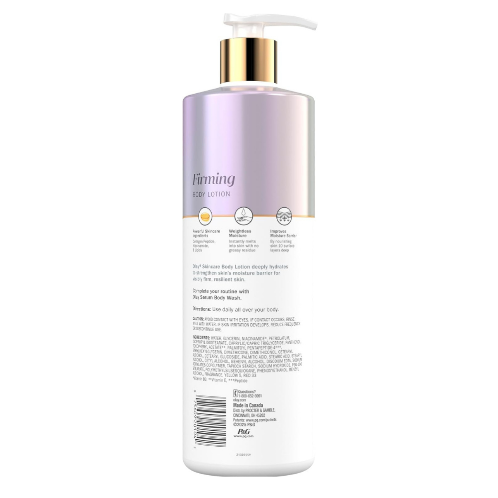Back of Olay firming body lotion with powerful skincare ingredients, weightless moisture and pump for easy application