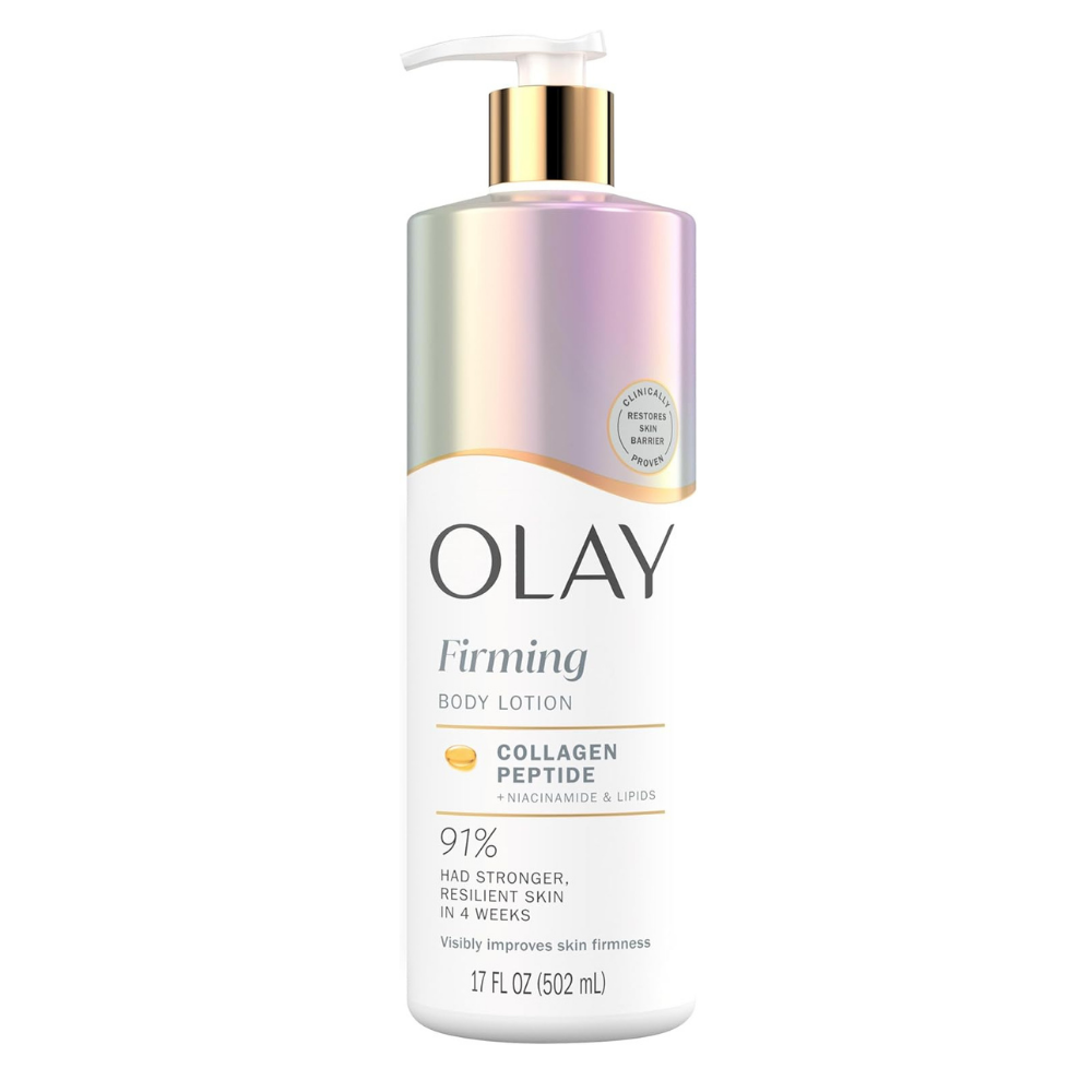 Olay Firming Body Lotion bottle with pump for stronger, resilient skin in 4 weeks