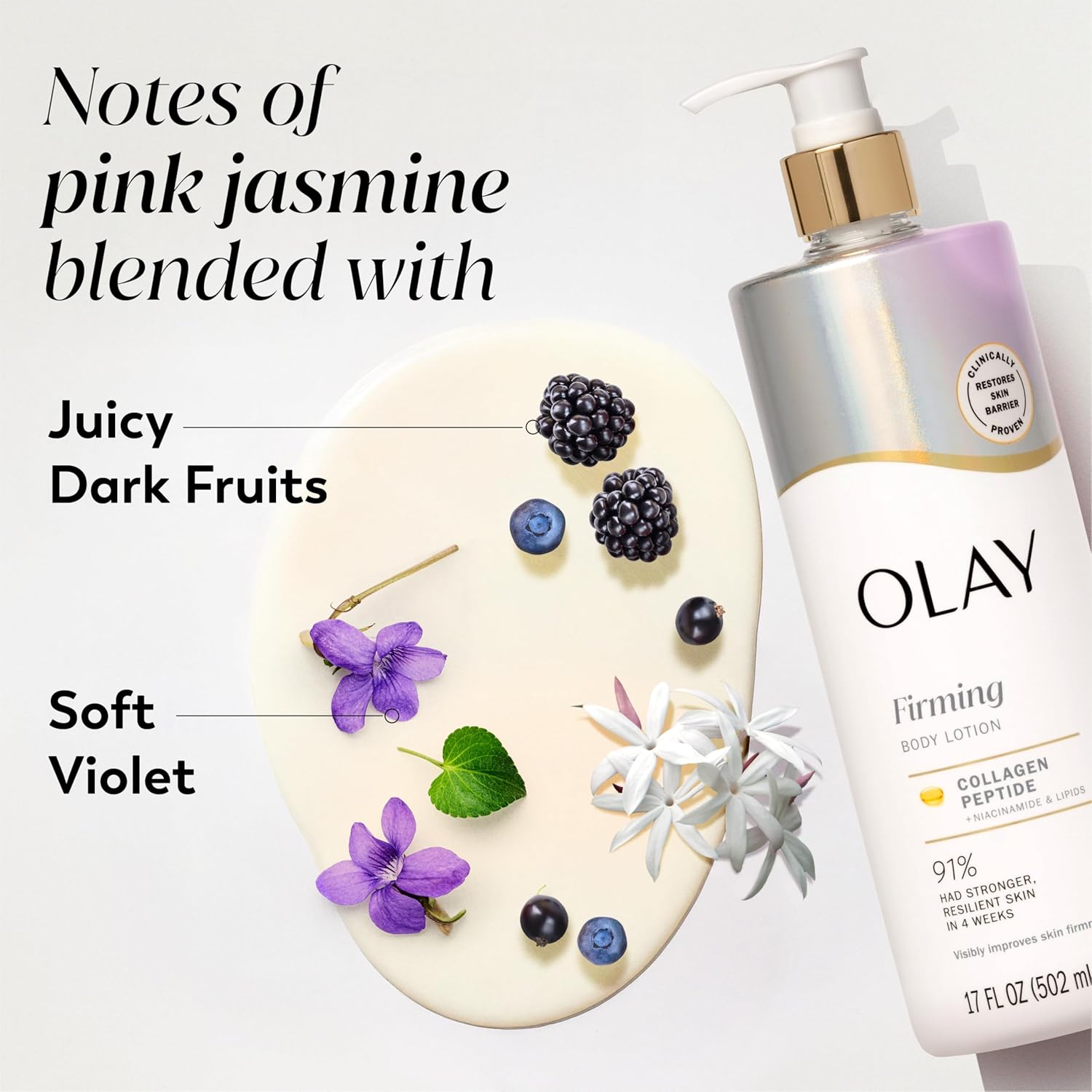 Olay Firming Body Lotion with notes of pink jasmine blended with juicy dark fruits and soft violet. 
