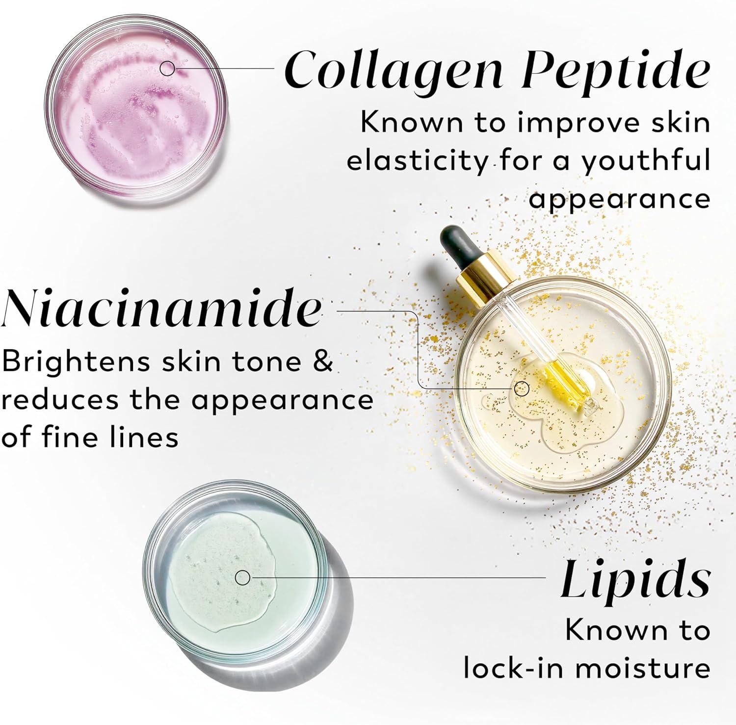 Olay firming body lotion contains collagen peptide to improve skin elasticity, niacin amide to brighten skin tone and lipids to lock in moisture. 