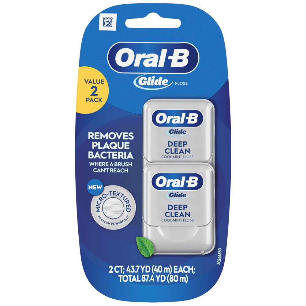 Oral-B glide deep clean cool mint floss removes plaque bacteria