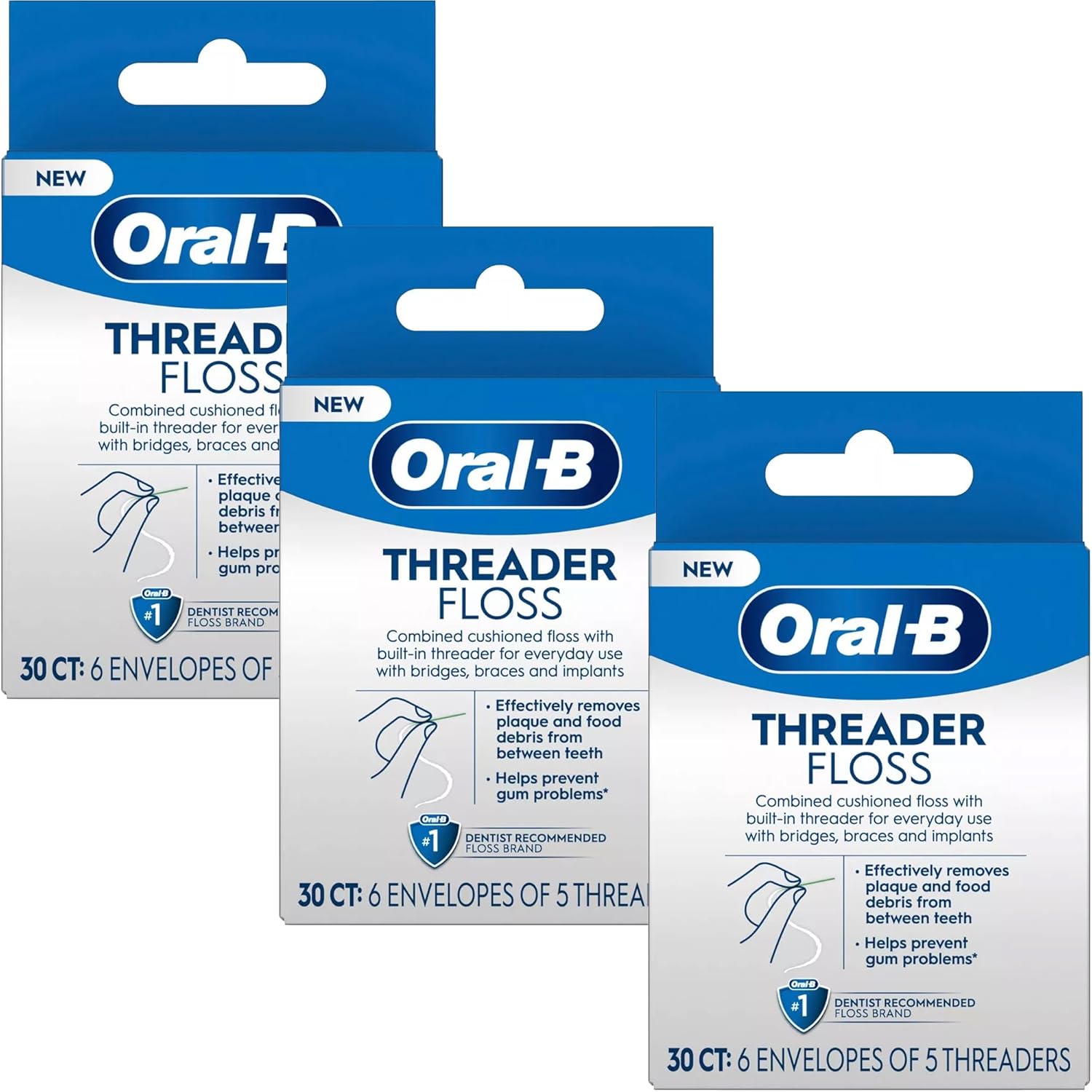 3 package of Oral-B threader floss in 6 envelopes of 5 threaders, to help prevent gum problems. 