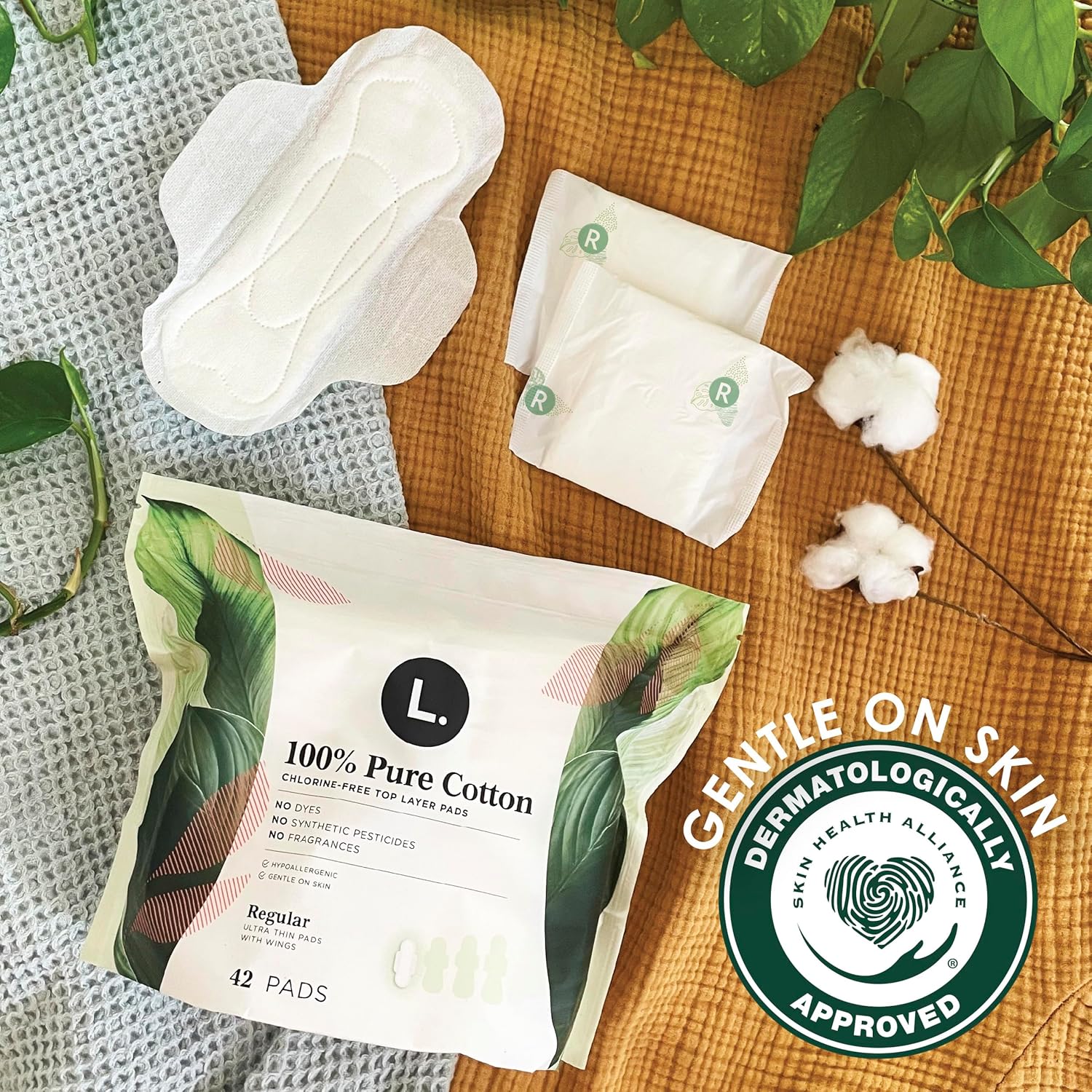 Pack of 100% pure cotton menstrual pads are dermatologically approved to be gentle on skin.