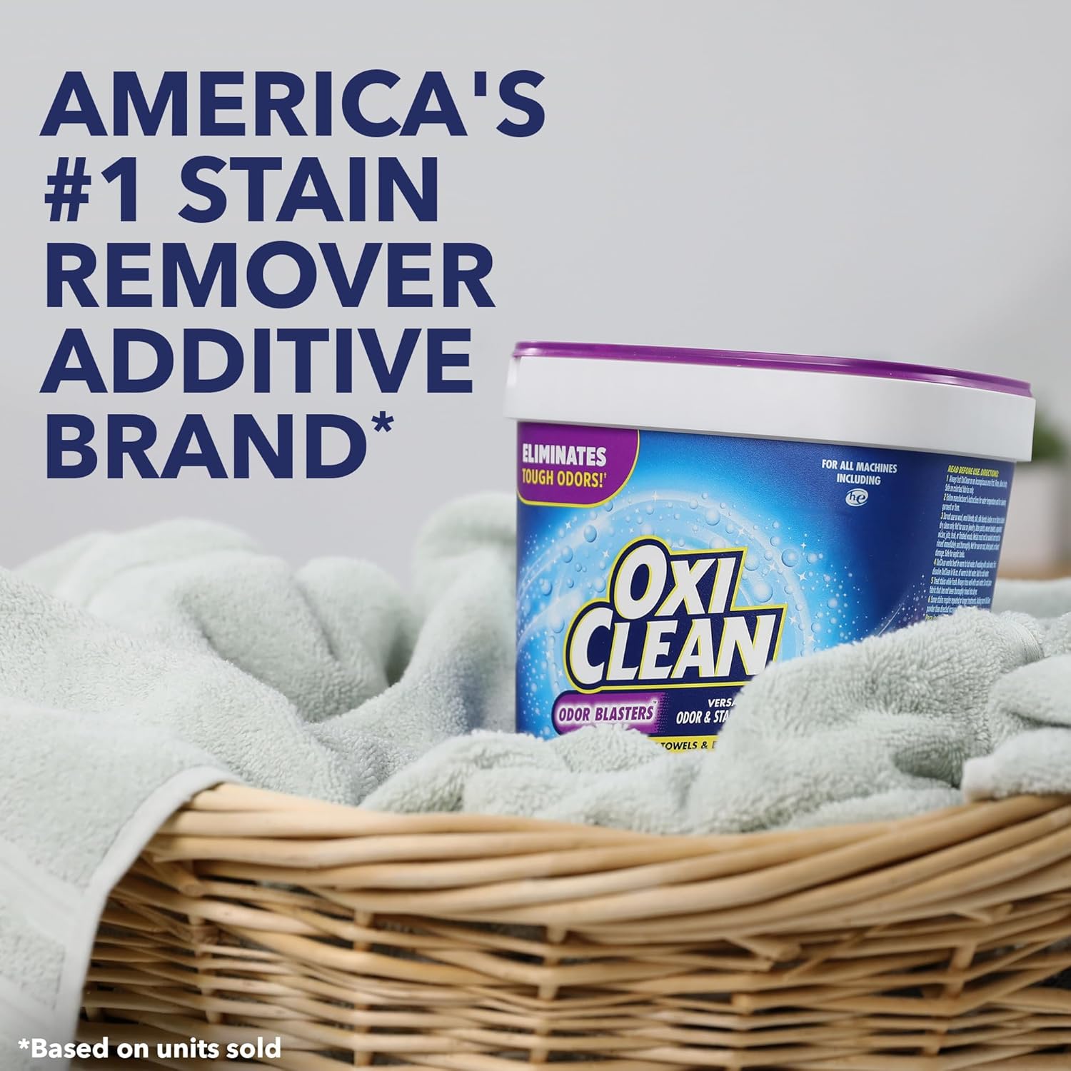 Box of OxiClean odor blasters is Americas number 1 stain remover additive brand. 