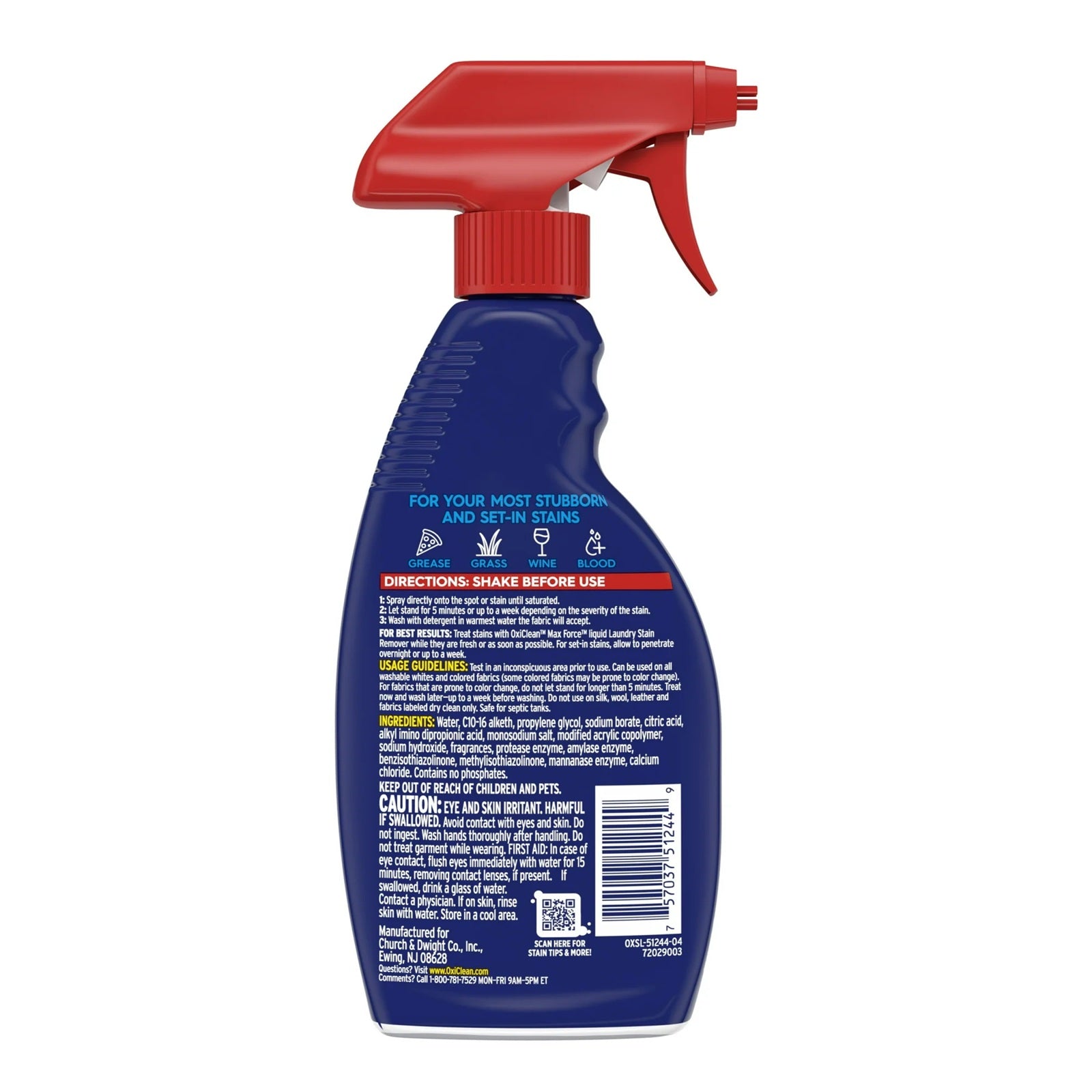 Blue bottle of oxi clean max force laundry stain remover spray for stubborn and set in stains. 