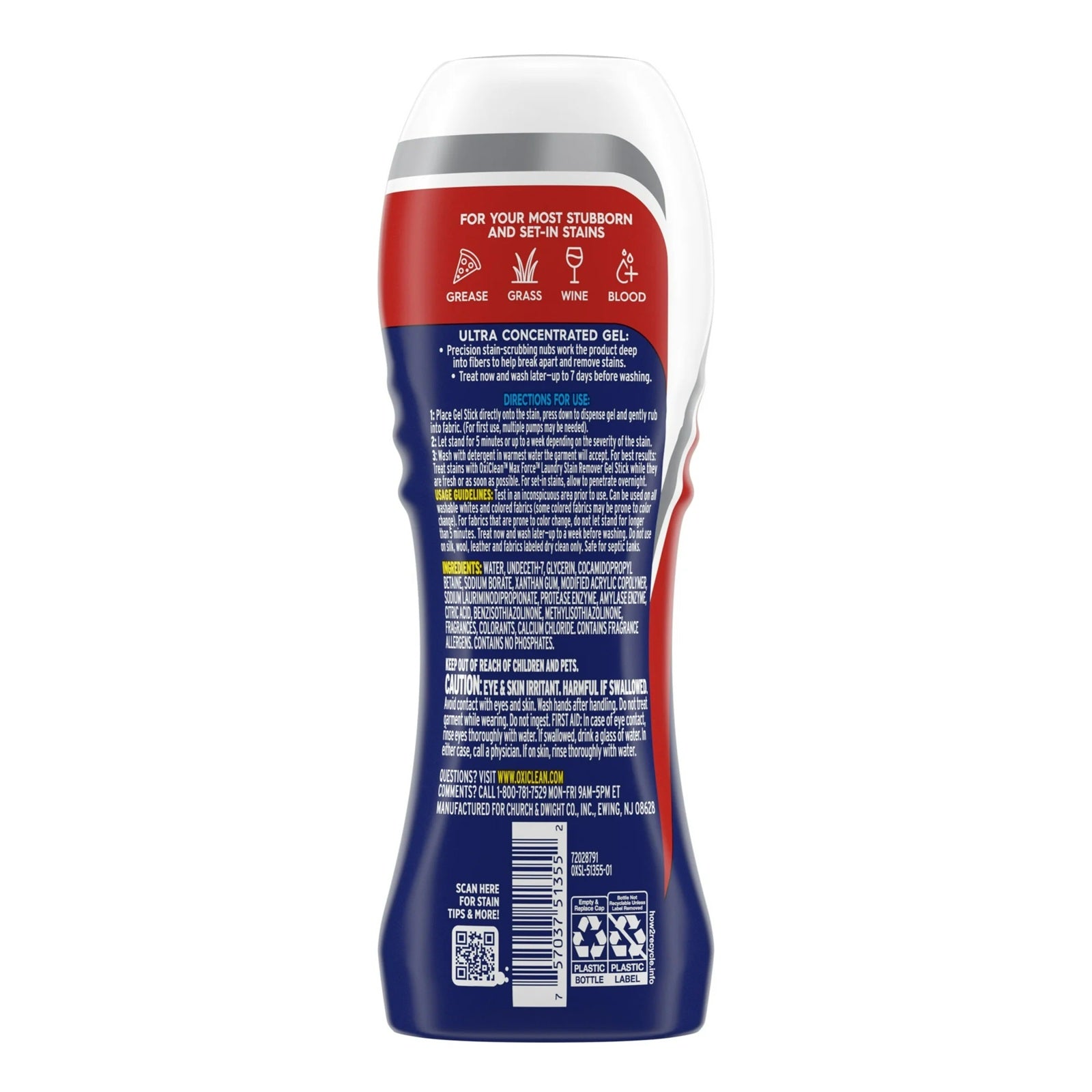Back label of Oxiclean Max force laundry stain remover gel bottle to remove grease stains, wine stains, blood stains, grass stains and more. 