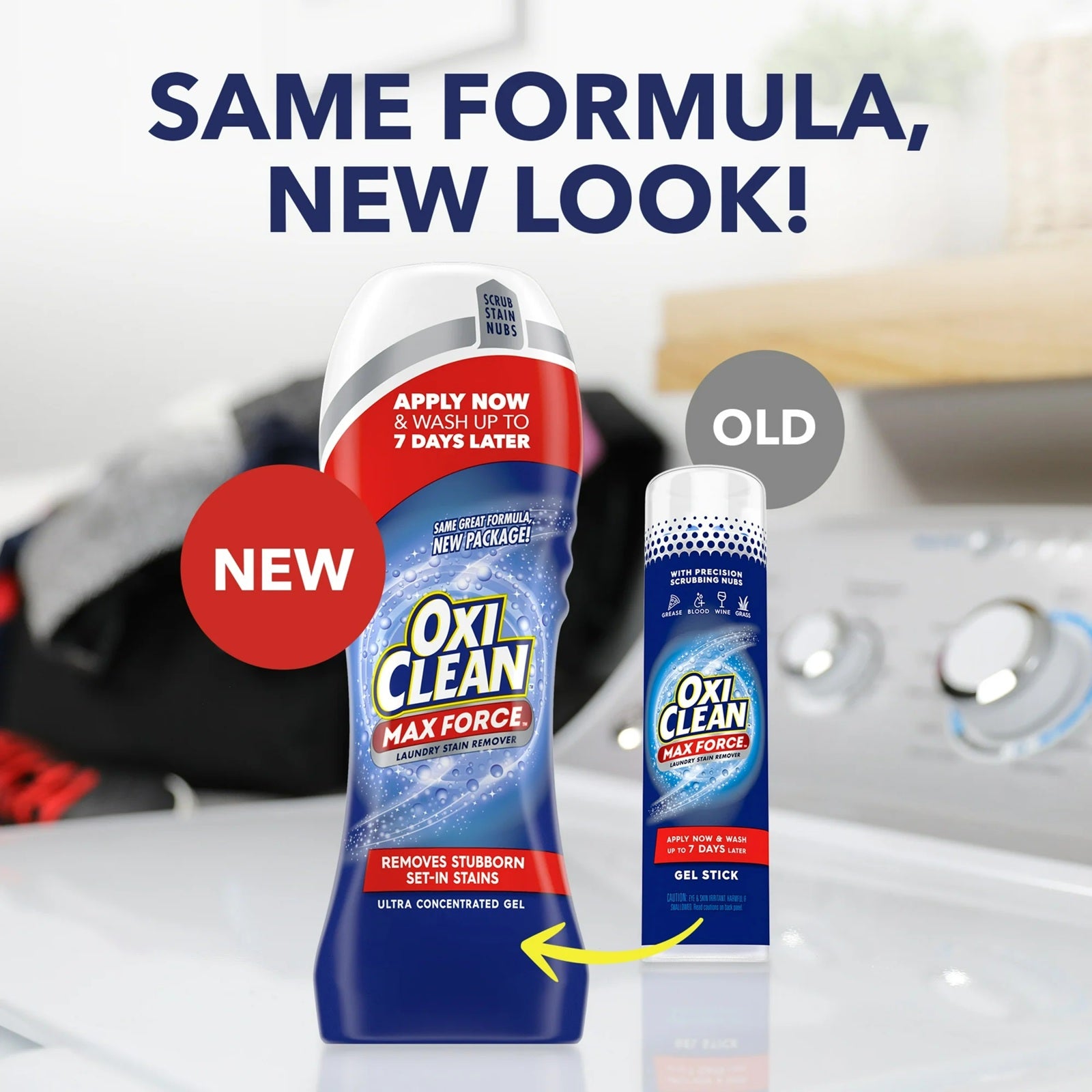 OxiClean Max Force laundry stain remover product with 'Same Formula, New Look' text and old packaging comparison.