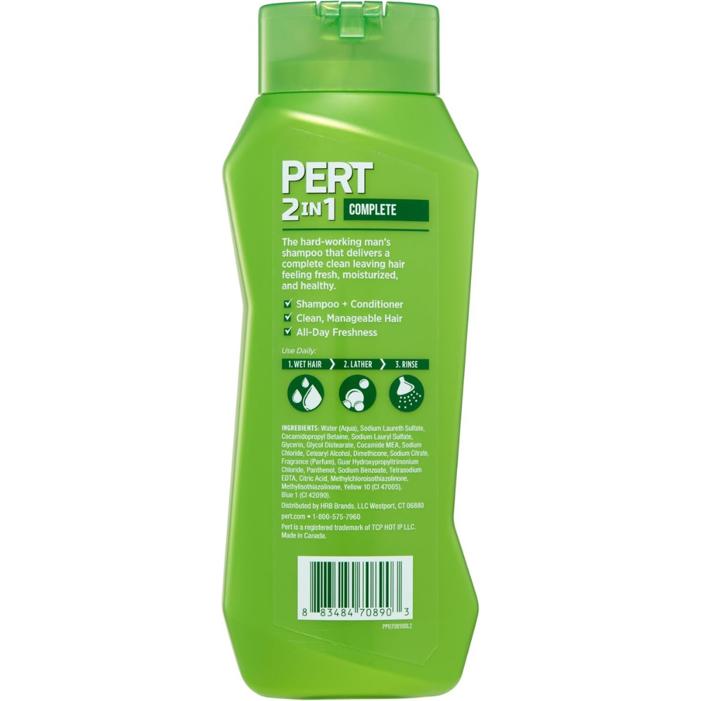 Back of bottle of Pert 2in1 complete shampoo & conditioner with benefits, ingredients and directions.