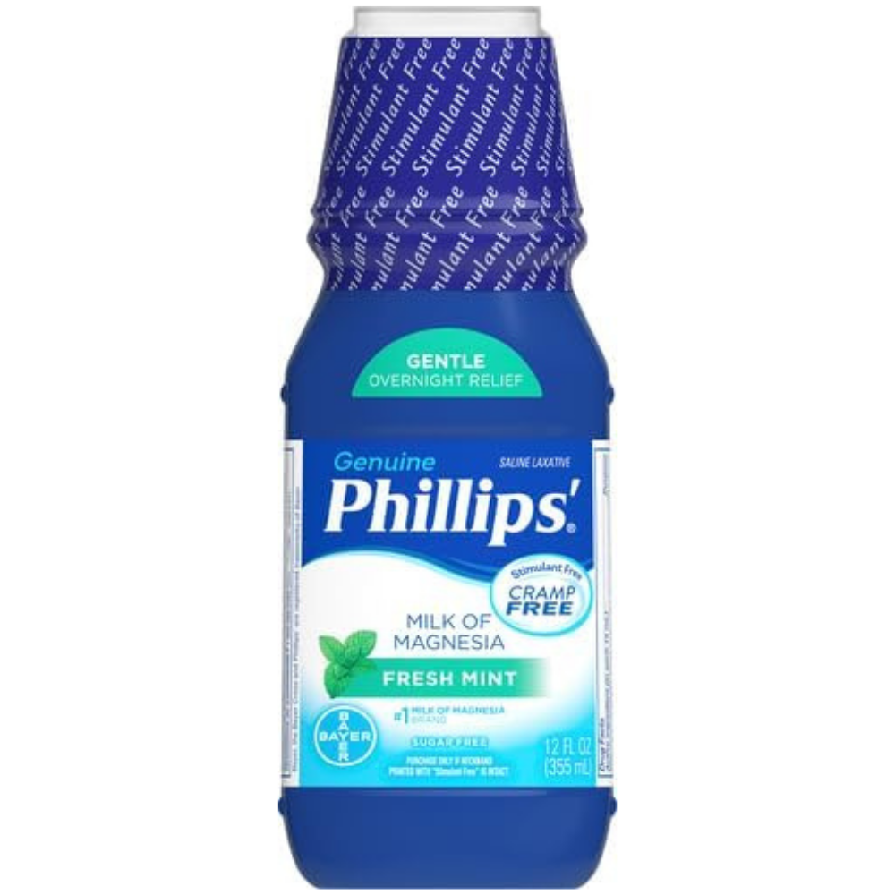 Philips genuine milk of magnesia in fresh mint flavor to help relive stomach upset with gentle overnight relief 