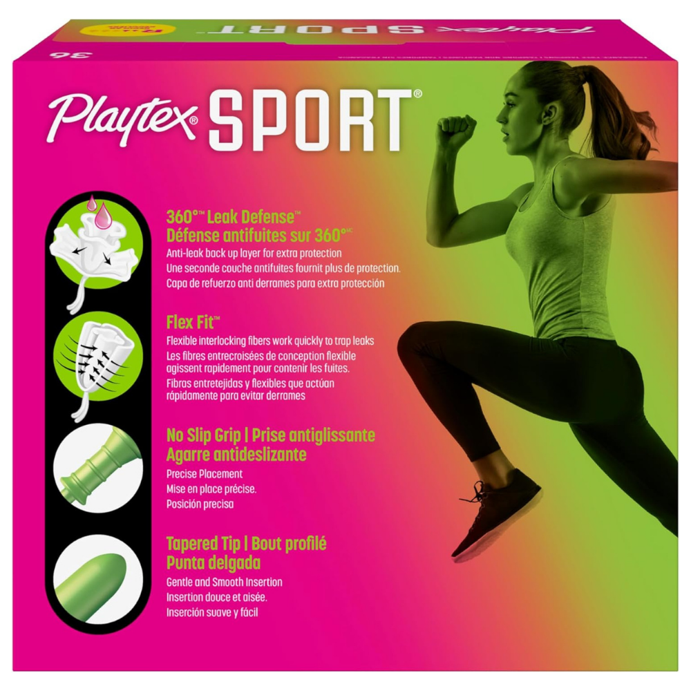 Playtex sport tampon packaging with details including 36- degree leak defense, flex fit and tapered fit for easy insertion and wear. 