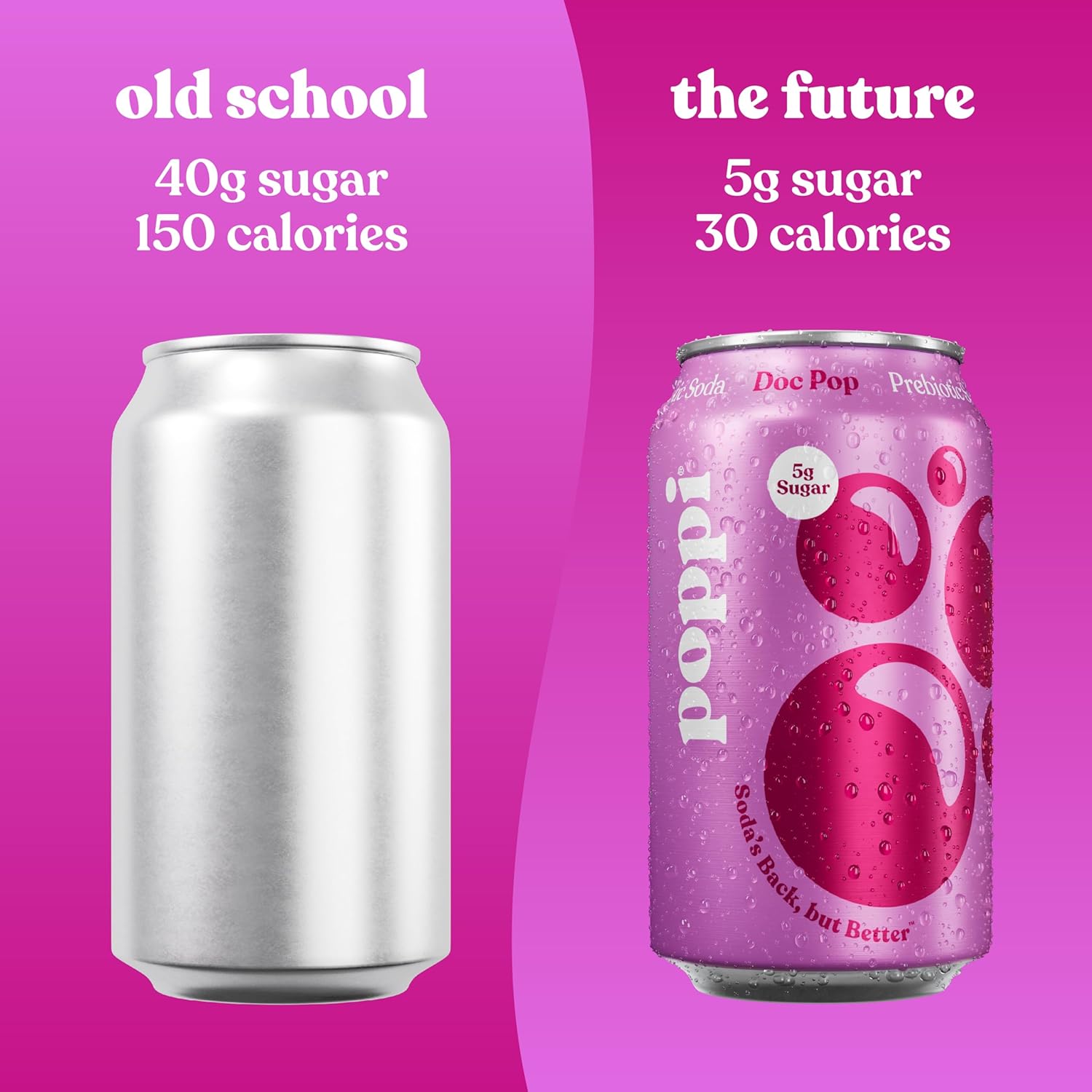 Comparison of a old school can and a pink can  'the future' with 5g sugar and 30 calories - healthier soda beverage