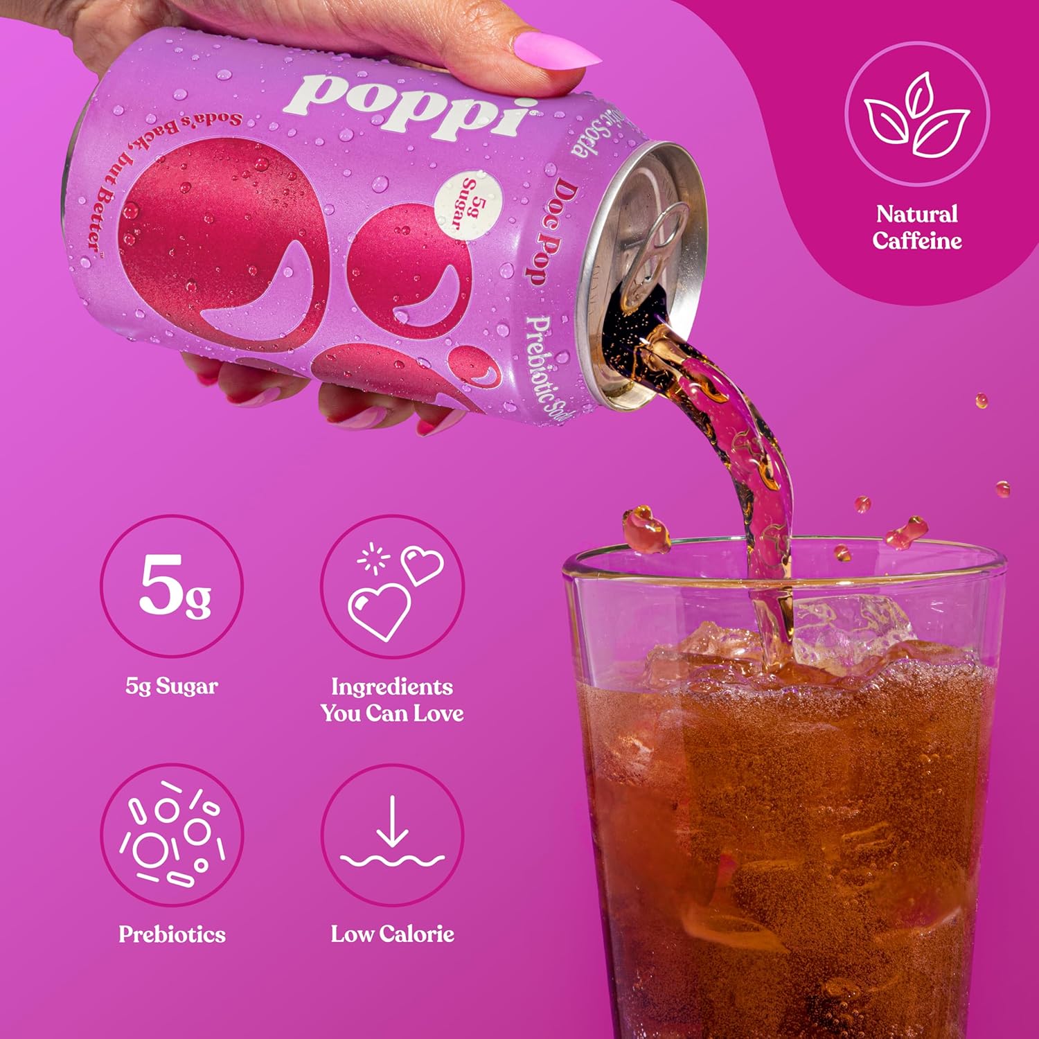 Popi sparkling prebiotic soda with natural caffeine, prebiotics and low calorie ingredients you can love