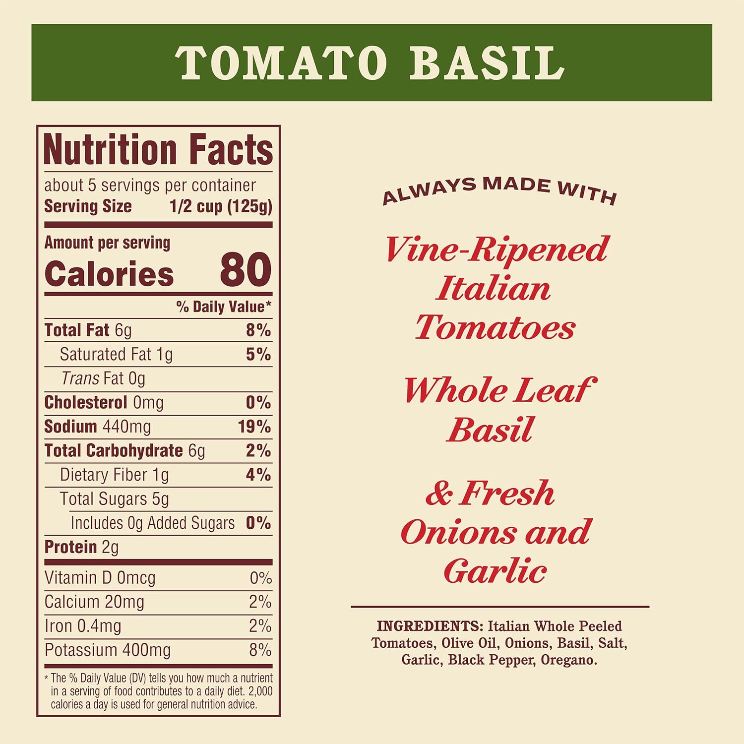 Nutrition facts label for natural tomato basil sauce made with Italian tomatoes, whole leaf basil & fresh onions & garlic