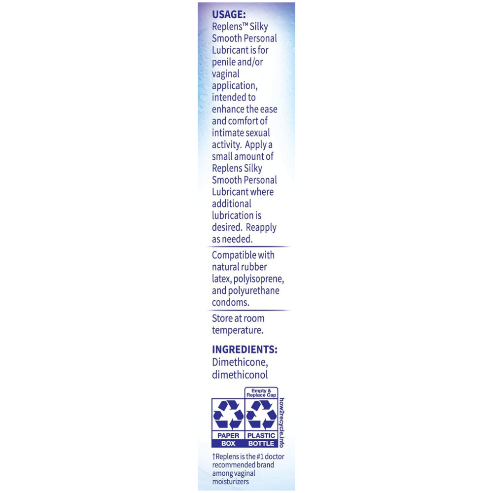 Package of Replens silky smooth personal lubricant with usage and ingredients. 