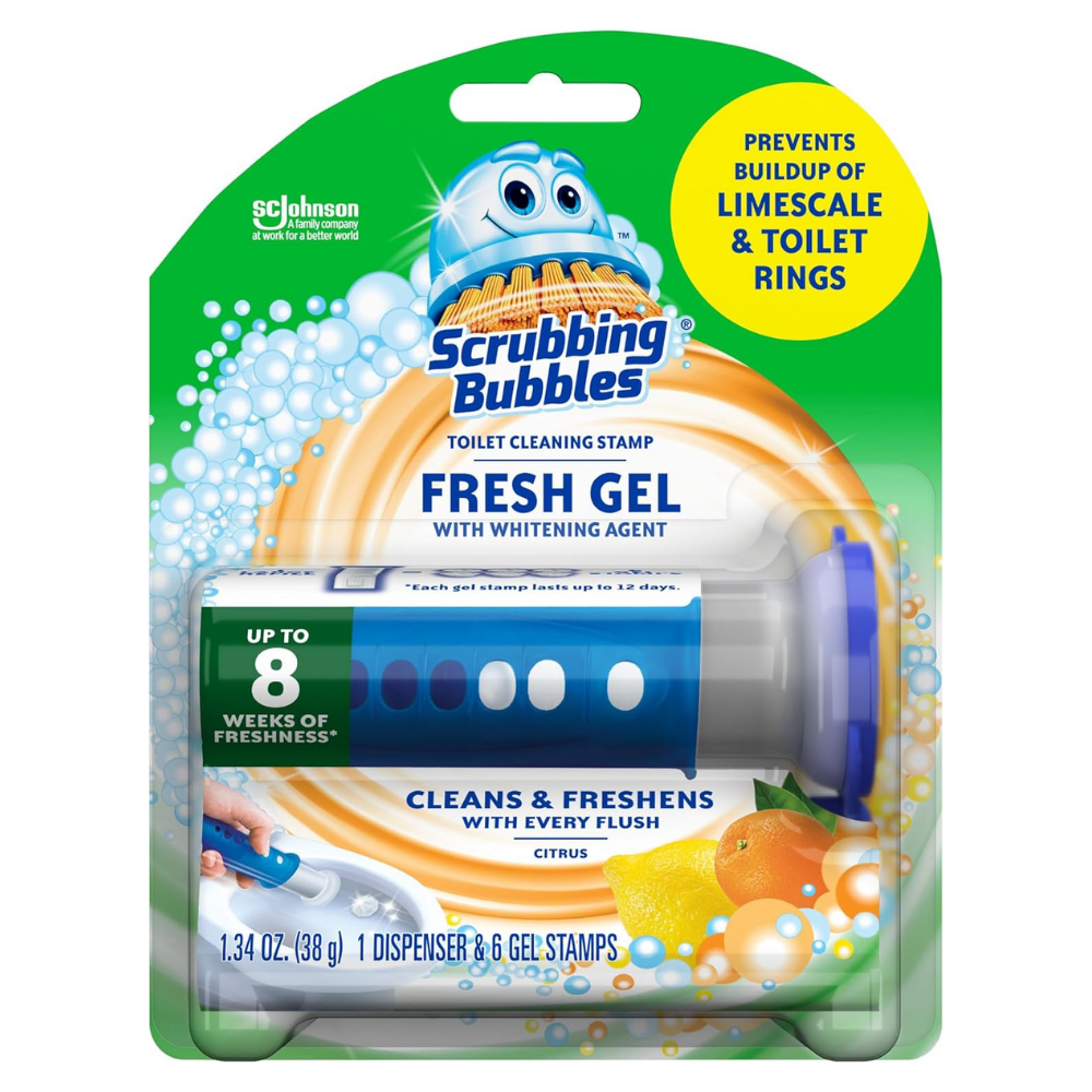 Scrubbing Bubbles toilet cleaning stamp fresh gel packet to prevent buildup of limescale & toilet rings