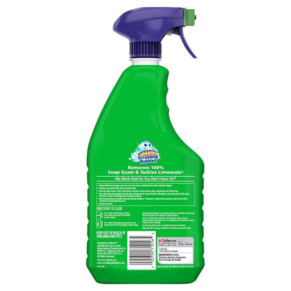 Back of a bottle of Scrubbing Bubbles mega shower foamer bathroom cleaner