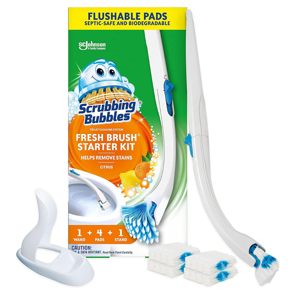 Scrubbing Bubbles Fresh Brush Starter Kit packaging with toilet brush and cleaning pads