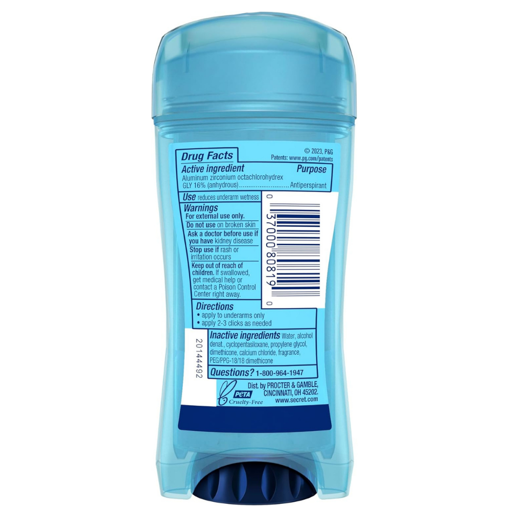 Back of bottle of secret antiperspirant deodorant with active ingredients, warnings and directions