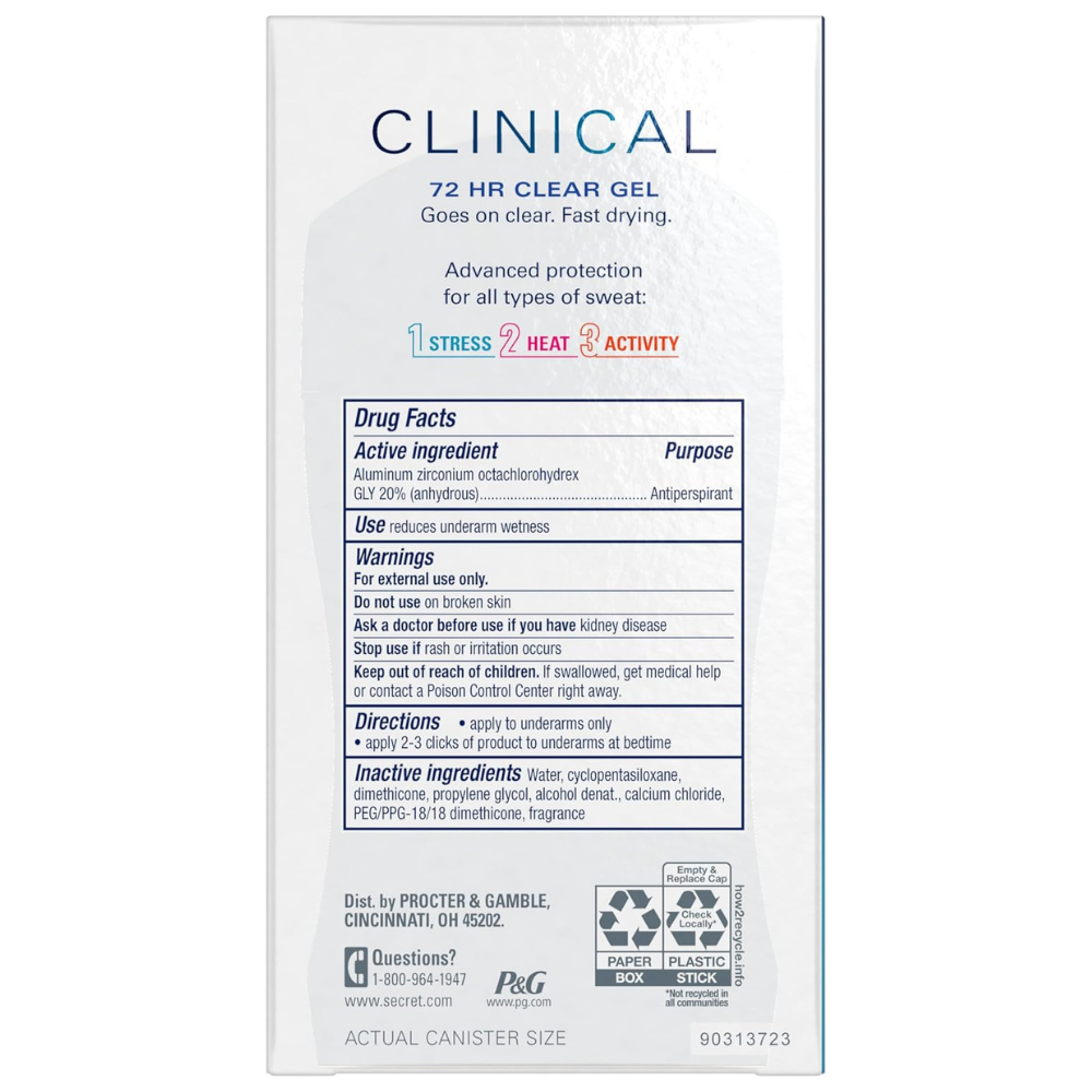 Back of packaging for Clinical 72 hour clear gel antiperspirant deodorant for all types of sweat with drug facts label, directions and warning. 