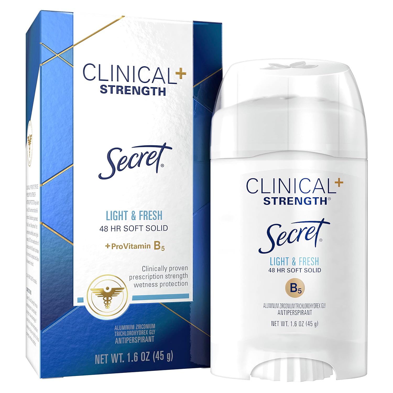 Packaging of Secret Clinical Strength antiperspirant deodorant in light & fresh - 48hour soft solid with provitamin B5. 