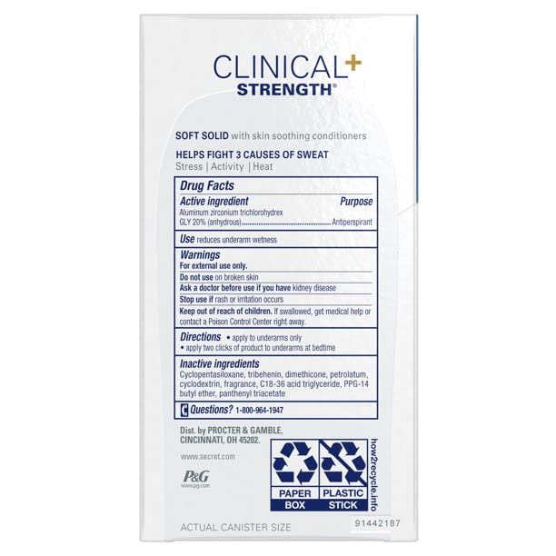 Back of packaging for Clinical strength plus soft solid antiperspirant deodorant to help fight sweat - with drug facts and more. 