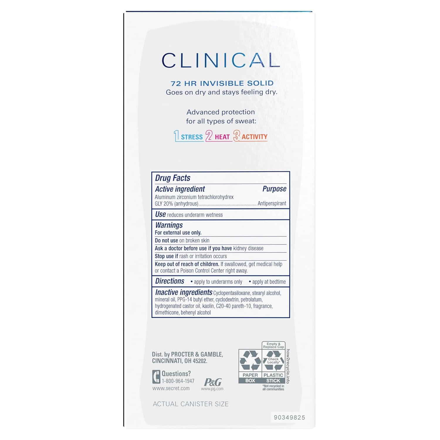 Clinical deodorant, 72 hour invisible solid anti-perspirant drug facts and warning.  