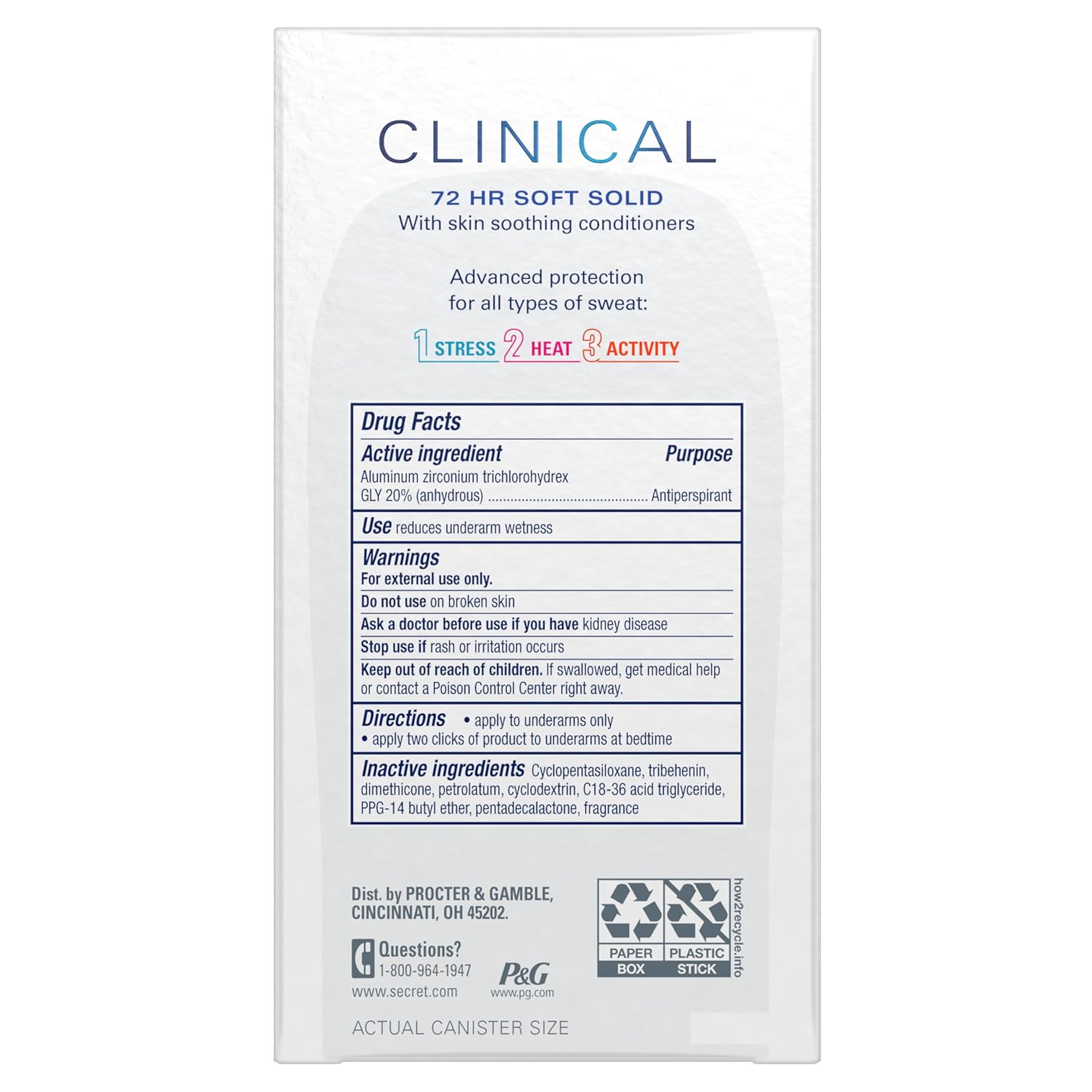 Package of clinical 72hour soft solid deodorant with skin soothing conditioners and advanced protection for all types of sweats - includes drug faces, warnings and more 