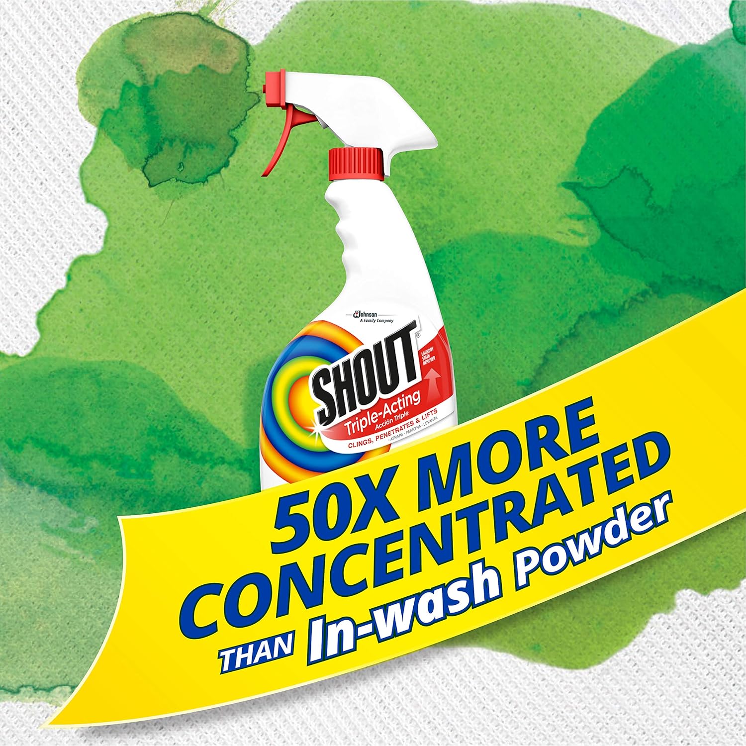 Shout laundry stain remove with 50x more concentrated than in wash powder. 