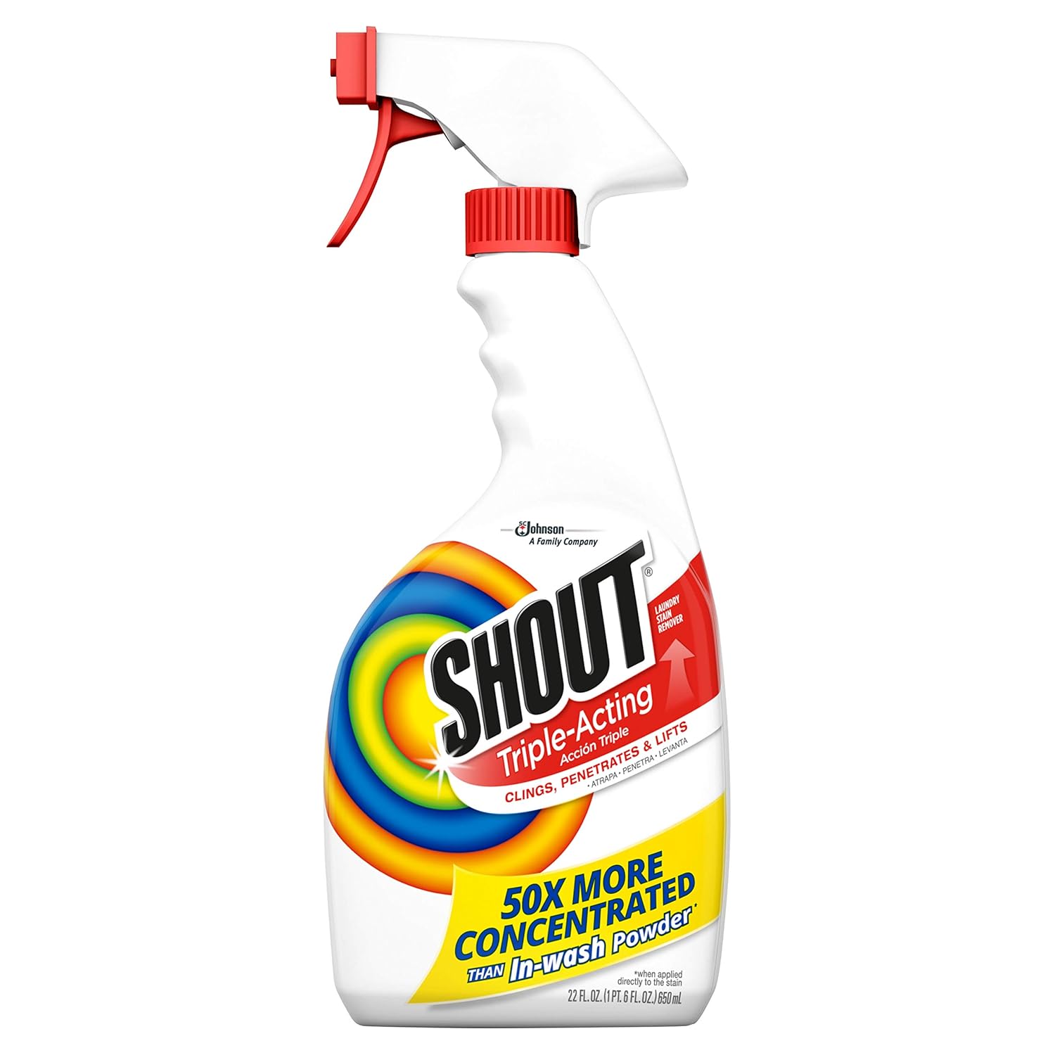 Spray bottle of Shout laundry stain remover with 50x more concentrated power than in wash powder. 