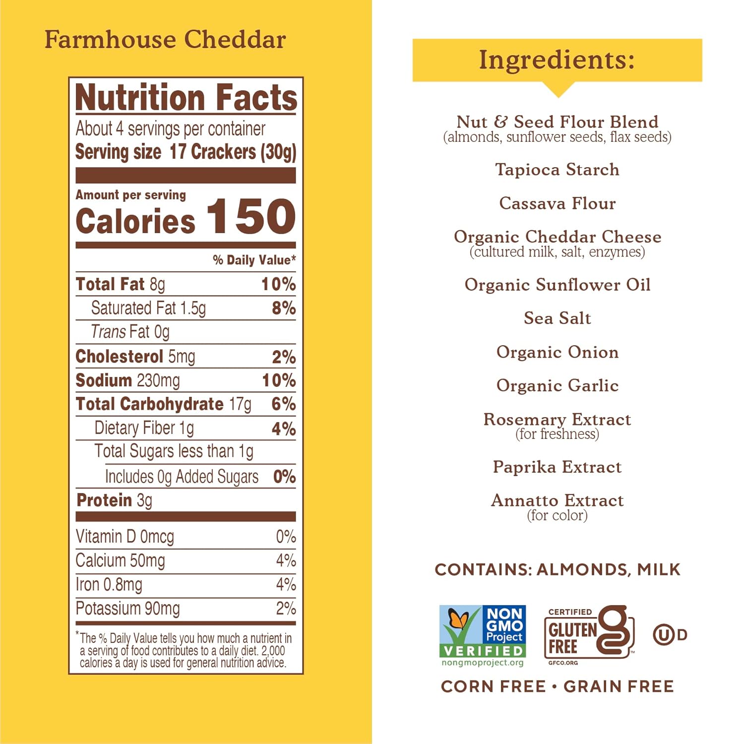 Nutrition facts and ingredients for Simple Mills Farmhouse Cheddar crackers made with nut & seed flour and so much more 