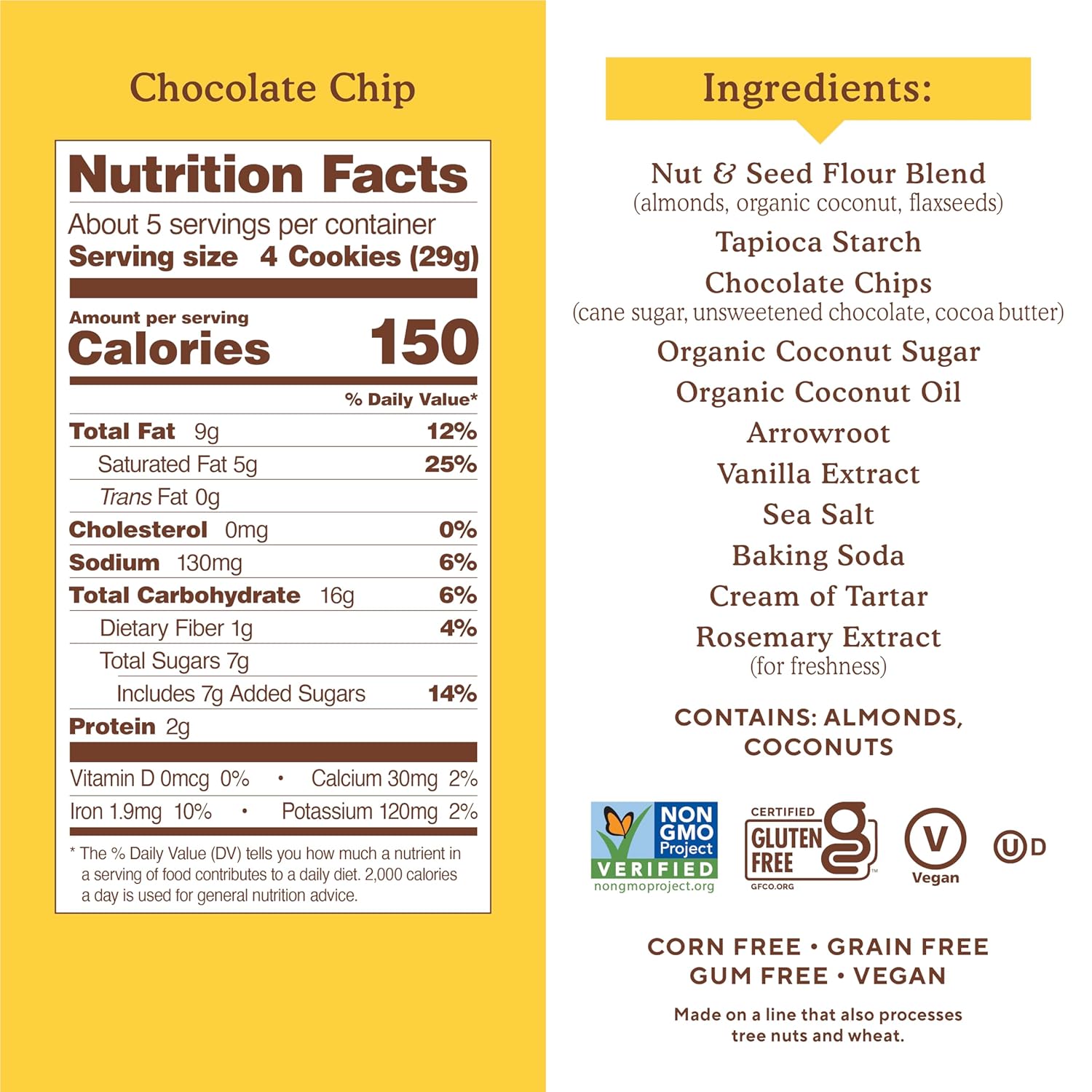 Nutrition facts and ingredients label for Simple Mills chocolate chip cookies- gluten free cookies