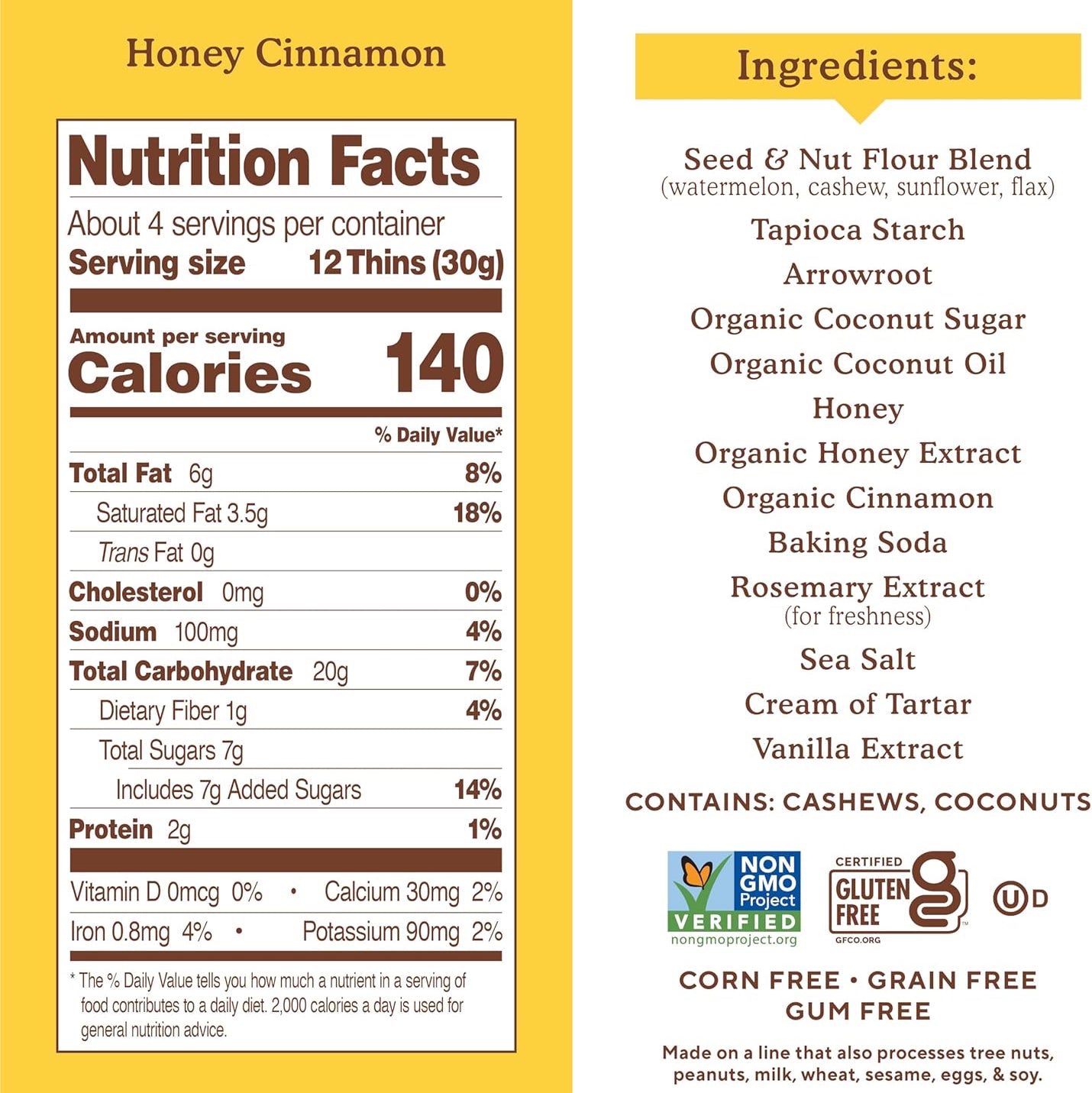 Nutrition facts and ingredients label for Honey Cinnamon gluten free cracker