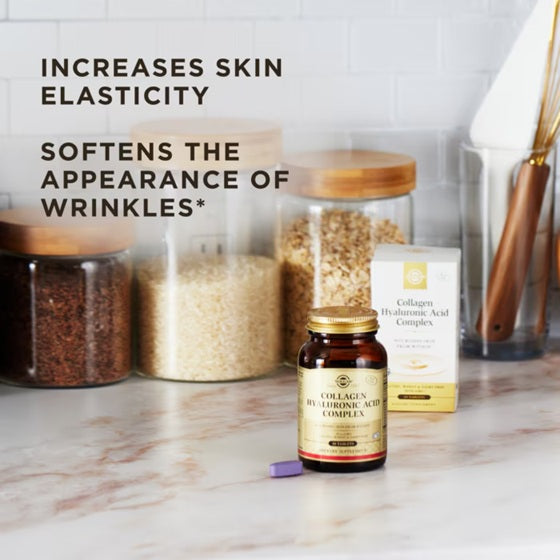 Solgar Collagen Hyaluronic Acid Complex to increase skin elasticity and soften the appearance of wrinkles. 