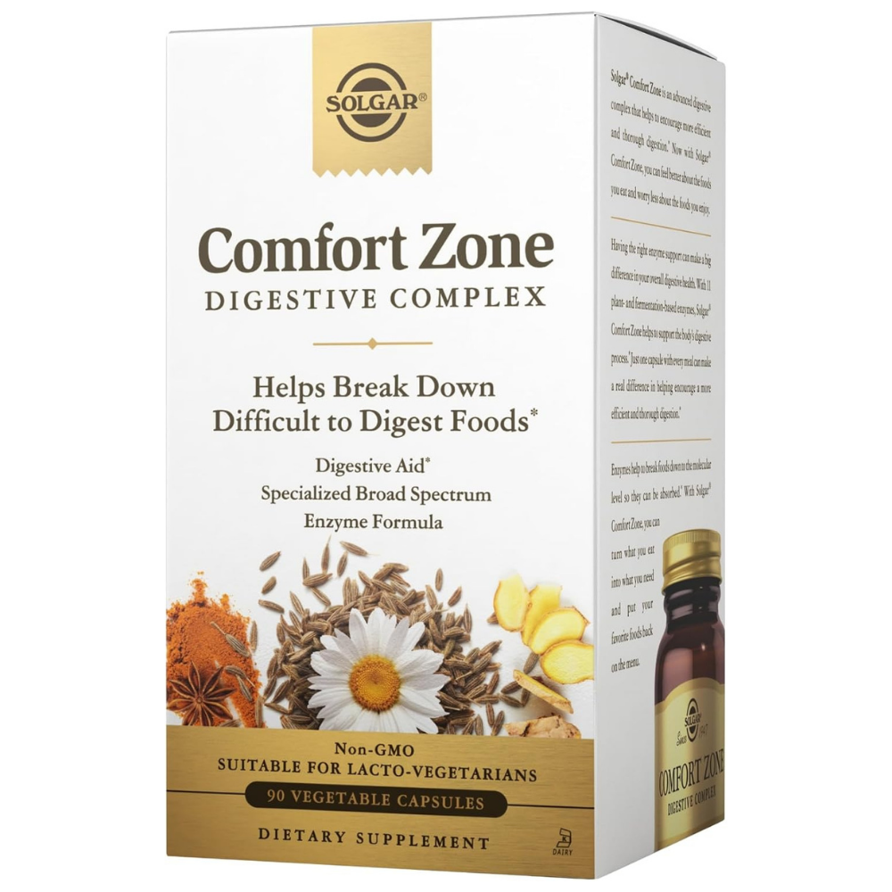 Box of Solgar Comfort Zone Digestive Complex dietary supplement to help break down difficult to digest foods. Digestive aid. 
